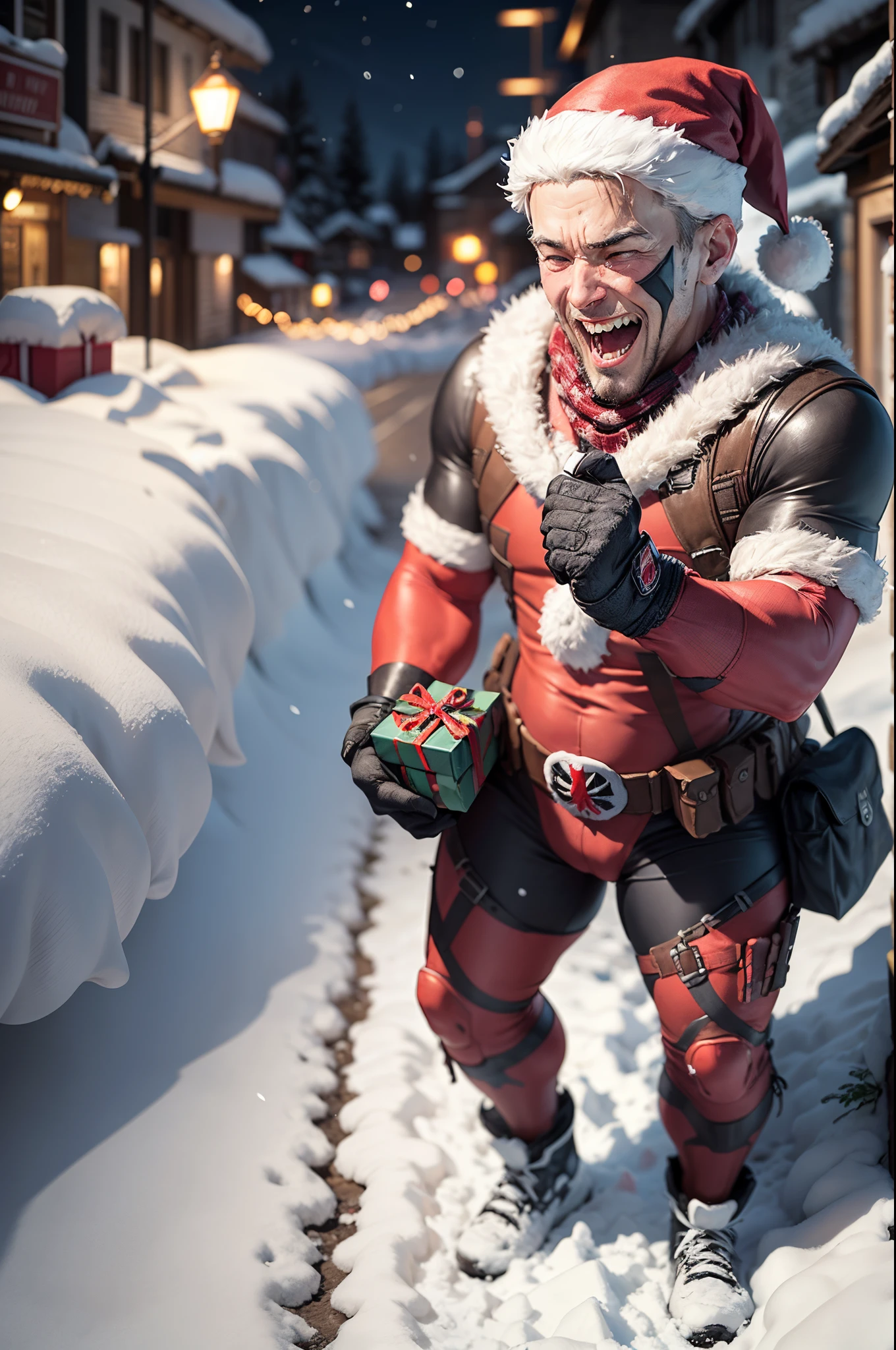 Masterpiece in maximum 16K resolution, featuring the Anime CGI style that brings life to the scene. | Deadpool and Santa Claus join forces to bring hope to a small mountain village covered in a blanket of snow at night. Despite its poverty, the village comes alive with the vibrant colors of the gifts being distributed. | The scene  composed at a dynamic angle, highlighting the unique animation and expressions of Deadpool and Santa Claus. The contrast between the snow and the lights of the presents creates a magical atmosphere. | Nighttime lighting accentuates the details of the environment, while motion effects emphasize the action of gift delivery. Realistic textures breathe life into the costumes of both characters. | Deadpool and Santa Claus on a nighttime mission of generosity in a poor, snowy village | The camera, positioned to capture the dynamics between the two characters, reveals their entire bodies in expressive poses as they share smiles and deliver gifts under the night lights. Details of the village and the snow contribute to a scene full of emotion. | (perfect_pose), They are adopting a ((dynamic_pose as they share, spreading joy with laughter):1.3), (hands_with_5_fingers), (perfect_hands), (perfect_fingers), (perfect_legetter_handig, ((full body)), More Detail --auto --s2
