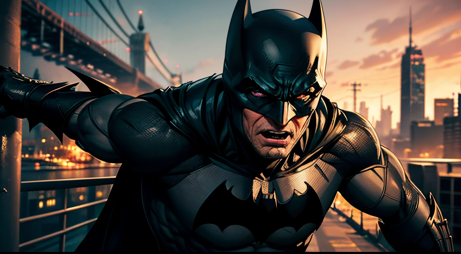 Batman do mal,com olhos vermelhos,sombrio,no fundo a cidade de gotham,8k,hd,ultra 8k,with angry features,de frente