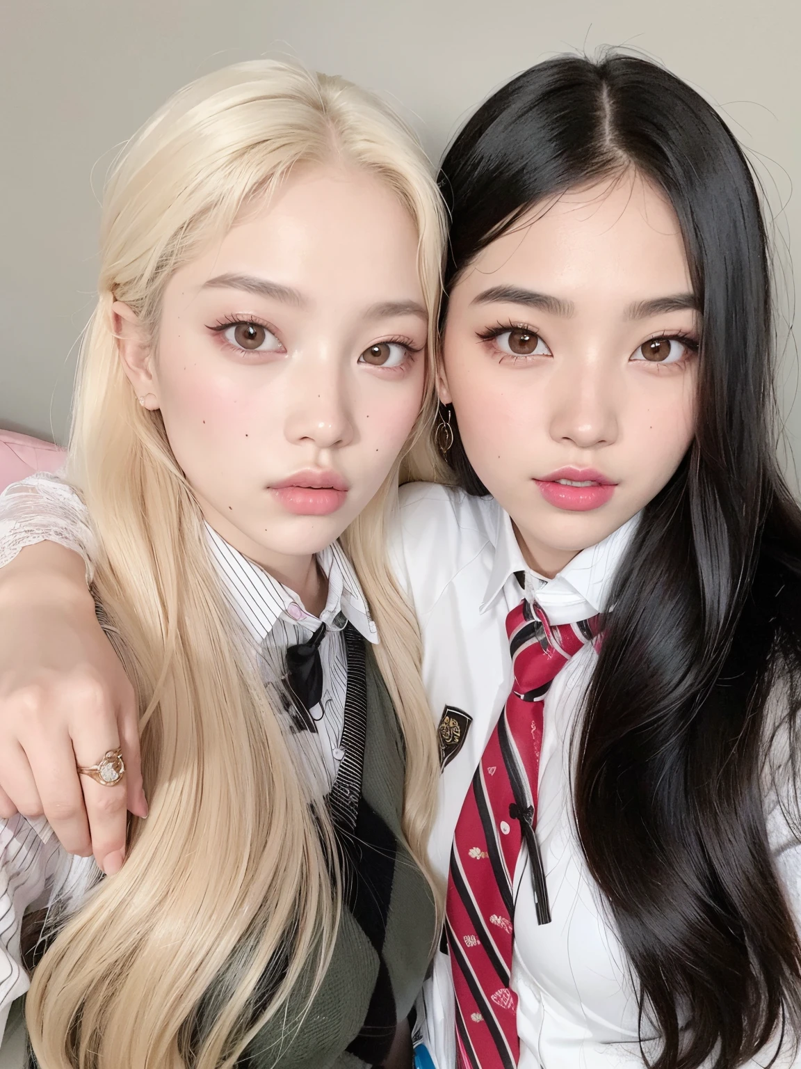 There are two girls who are posing for a photo together, maquiagem sul-coreana popular, Ulzzang, maquiagem coreana popular, both have red lips, jennie rosa preto, rosa preto, com preto, jossi do rosa preto, Nixeu e Sakimichan, Parque Roseanne do Blackpink, Retrato de Jossi de Blackpink, com hera, Jaeyeon Nam, #Oc, # Oc
