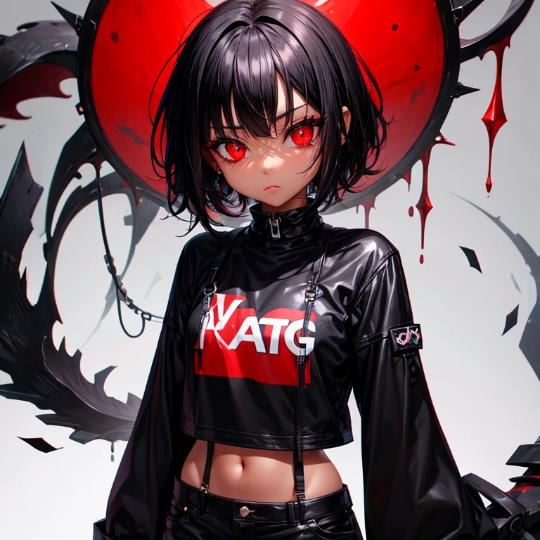 Petite black girl with black hair and red eyes with drip on
