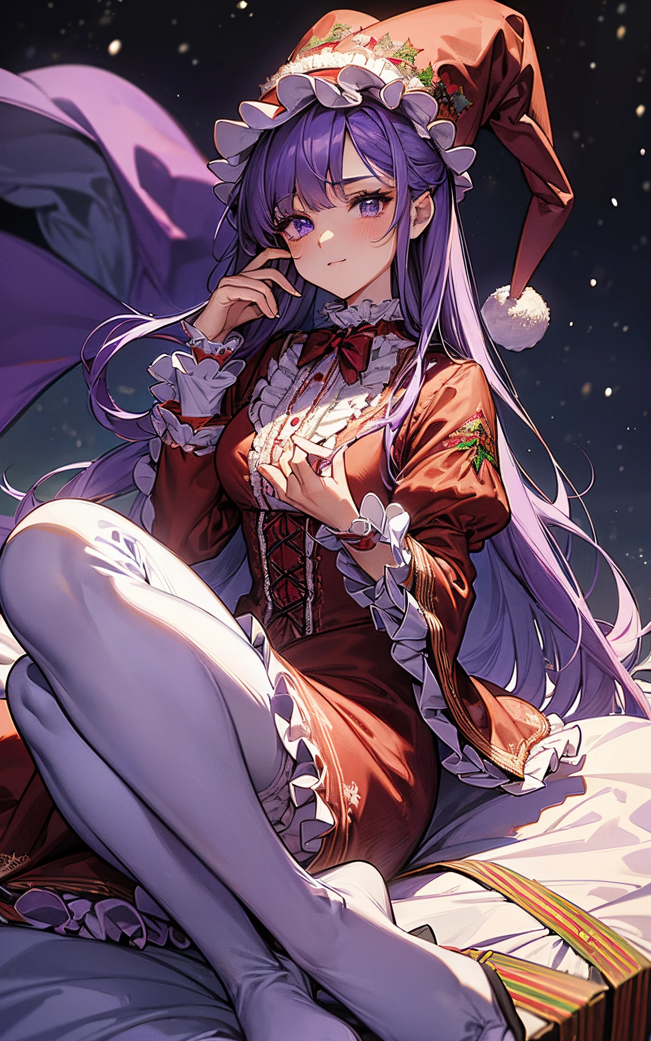 The theme is purple、clothes are purple、Perfect human body、christmas night、(((He wore a Santa suit decorated with lots of frills.、victorian santa outfit)))、a beautiful woman、Fell down from the sky to the snowy town、long skirt、hair adornments、kirakira、tights、Crowds、large hat