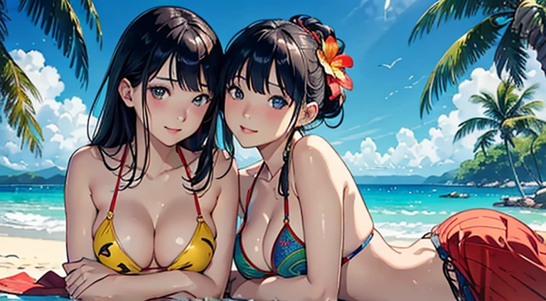 ​masterpiece、top-quality、超A high resolution、 [ 4 k digital art ]!!、 8k high quality detailed art、Wallpaper、 Detailed Digital Anime Art、Realisticity、Cinema Angle、hposing Gravure Idol、(((Two beautiful girls)))、((Two people lying down and touching each other cheek to cheek))、cute  face、 ((Detailed depiction of a beautiful face))、kindly smile、年轻、Bikini swimwear、Photorealistic perfect body、(Bold ethnic patterns wrapped around the waist and skirt and plenty of primary colors)、light Particle、llight rays、Tropical、Against the background of palm trees on both sides、on a sunny beach、Against the background of the sea、blur backgroun、