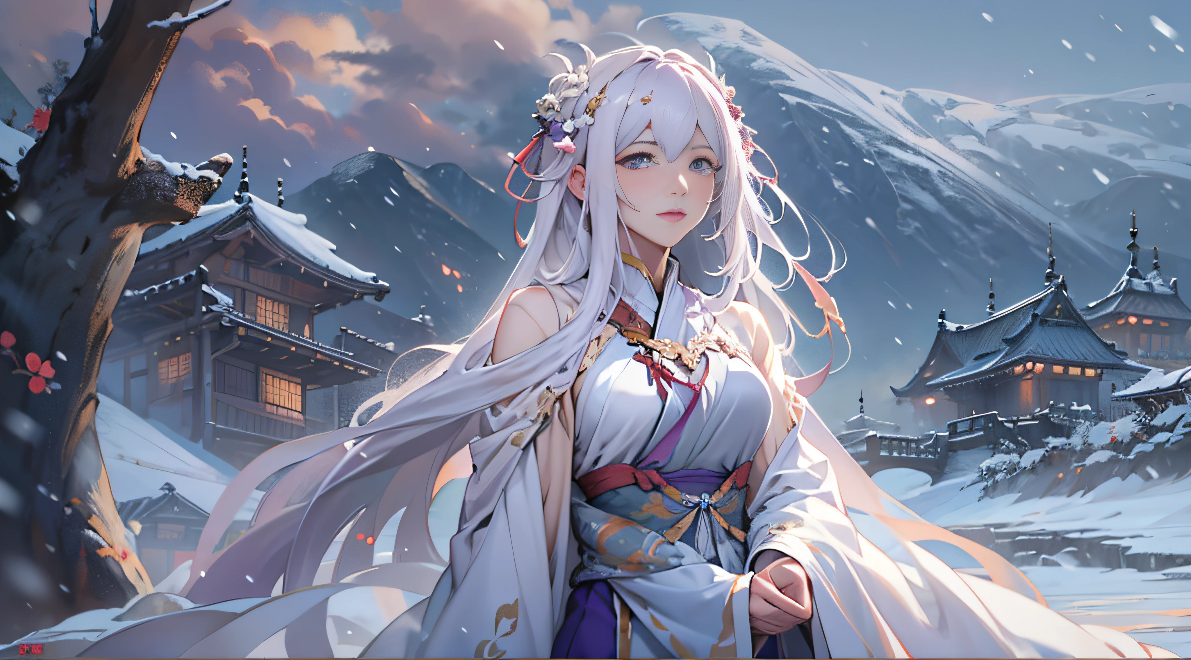 One of them  wearing purple clothes，long, Flowing white hair、Alpha image of a woman with beautiful hairstyle，palaces，A girl in Hanfu，Very popular on cgstation，Guviz-style artwork，Guwitz，Inspired by Du Qiong，Inspired by Ma Yuanyu，8K）），Cold winter，winter solstice，Wear thick clothing，There  a fur collar，nevando，Winter view，beautiful snowy landscape，Oyuki，External，Chilling，The hair was blown up，The face  delicate