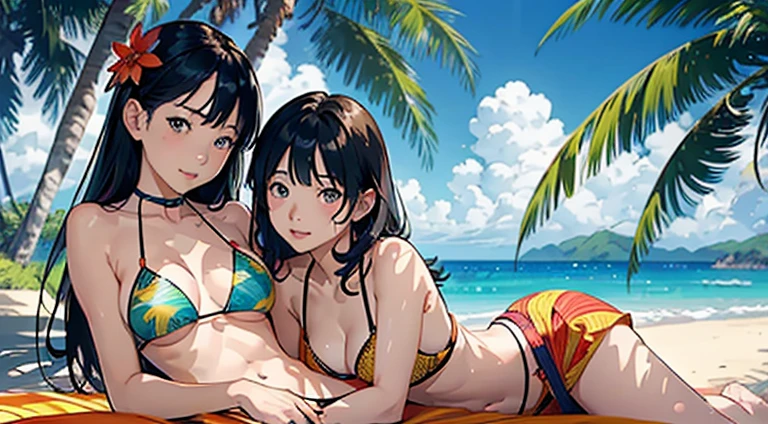 ​masterpiece、top-quality、超A high resolution、 [ 4 k digital art ]!!、 8k high quality detailed art、Wallpaper、 Detailed Digital Anime Art、Realisticity、Cinema Angle、hposing Gravure Idol、(((Two beautiful girls)))、((Two people lying down and touching each other cheek to cheek))、cute  face、 ((Detailed depiction of a beautiful face))、kindly smile、年轻、Bikini swimwear、Photorealistic perfect body、(Bold ethnic patterns wrapped around the waist and skirt and plenty of primary colors)、light Particle、llight rays、Tropical、Against the background of palm trees on both sides、on a sunny beach、Against the background of the sea、blur backgroun、