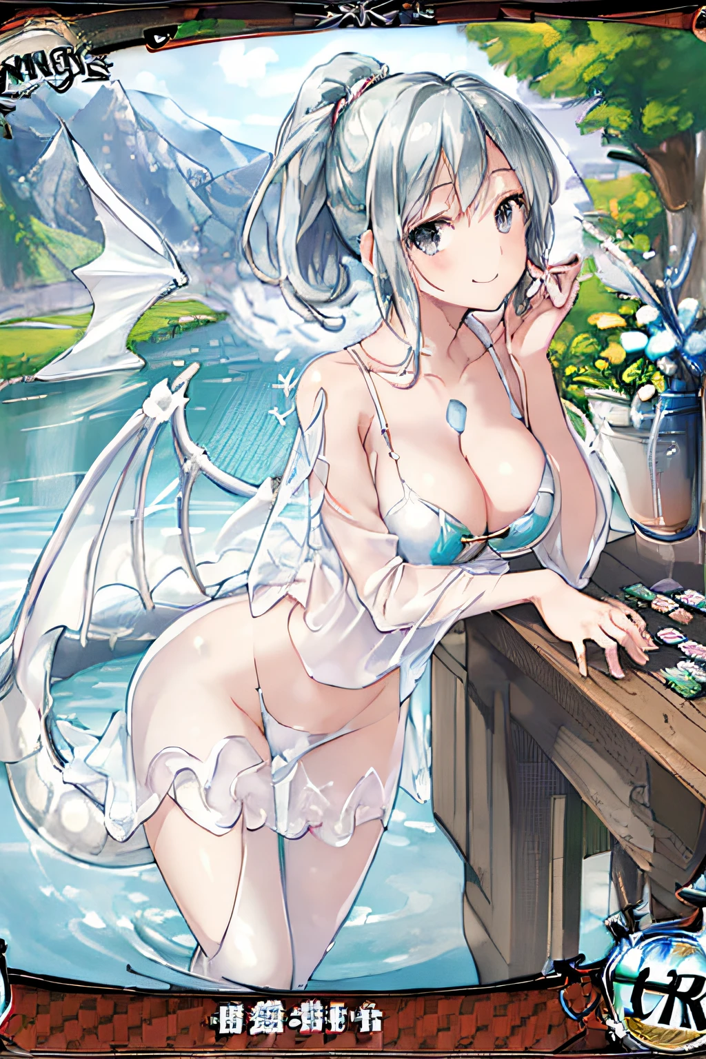 (Trading Card Game Frames:1.7),(Lake in the mountains:1.3),(Sheer and revealing white fluffy outfit:1.3, ),(Angel with glass wings floating on lake:1.3), (Glass Dragon Behind:1.3),Shiny Silver Shorthair,disheveled ponytail,Cute smile,Perfect round face,Black eyes,A cheerful smile that makes the viewer happy,Proper body proportion,Intricate details,Very delicate and beautiful hair,photos realistic,Dreamy,Professional Lighting,realistic shadow,Solo Focus,Beautiful hands,Beautiful fingers,Detailed finger features,detailed clothes features,Detailed hair features,detailed facial features,top-quality,Ultra-high resolution output image,) ,(The 8k quality,),(Image Mode Ultra HD,),(Image Mode Ultra HD,),Science fiction fantasy