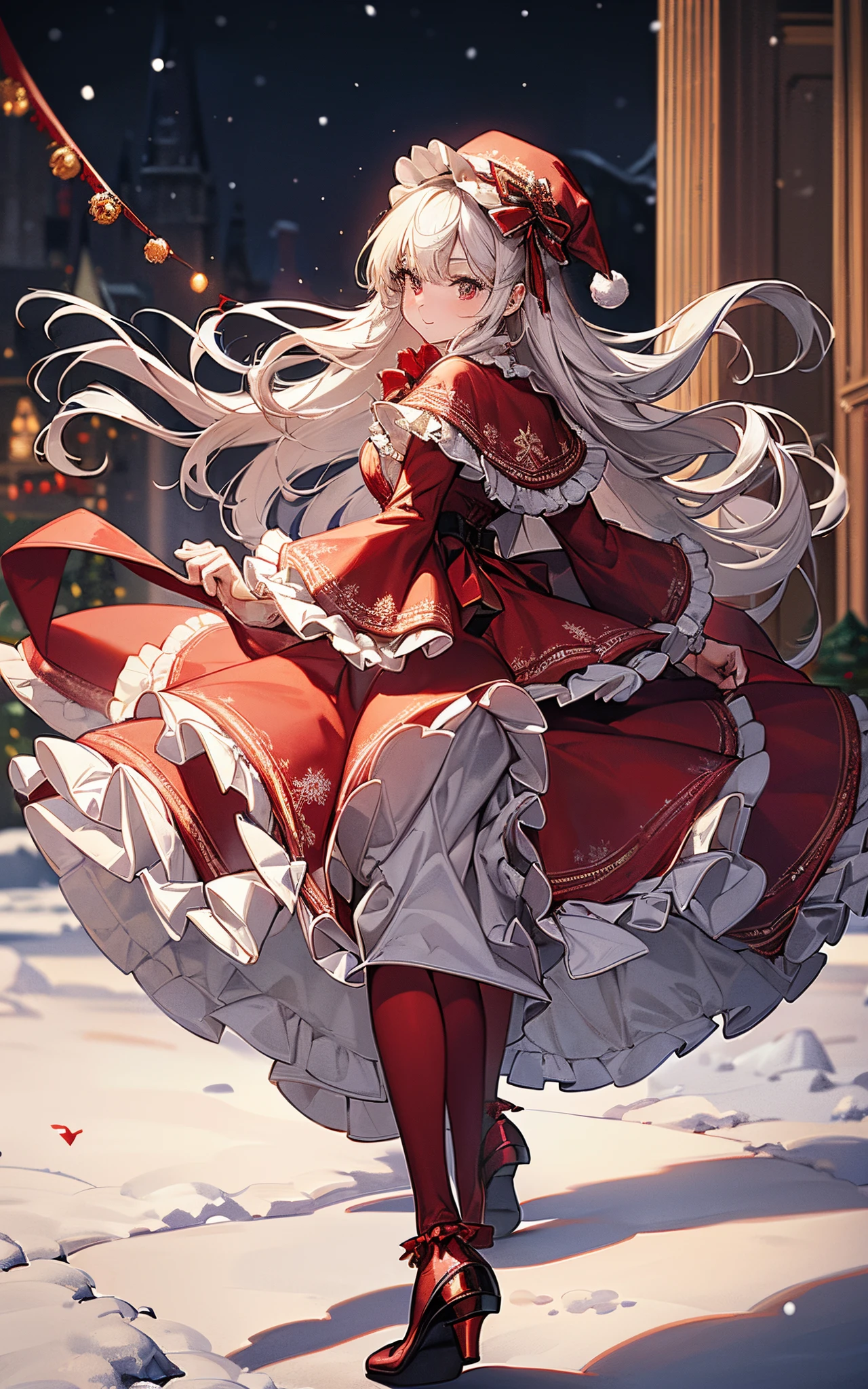 The theme is red、Clothes are red、Perfect human body、christmas night、(((He wore a Santa suit decorated with lots of frills.、victorian santa outfit)))、a beautiful woman、dancing in the snowy city、long skirt、hair adornments、kirakira、tights、Crowds、large hat