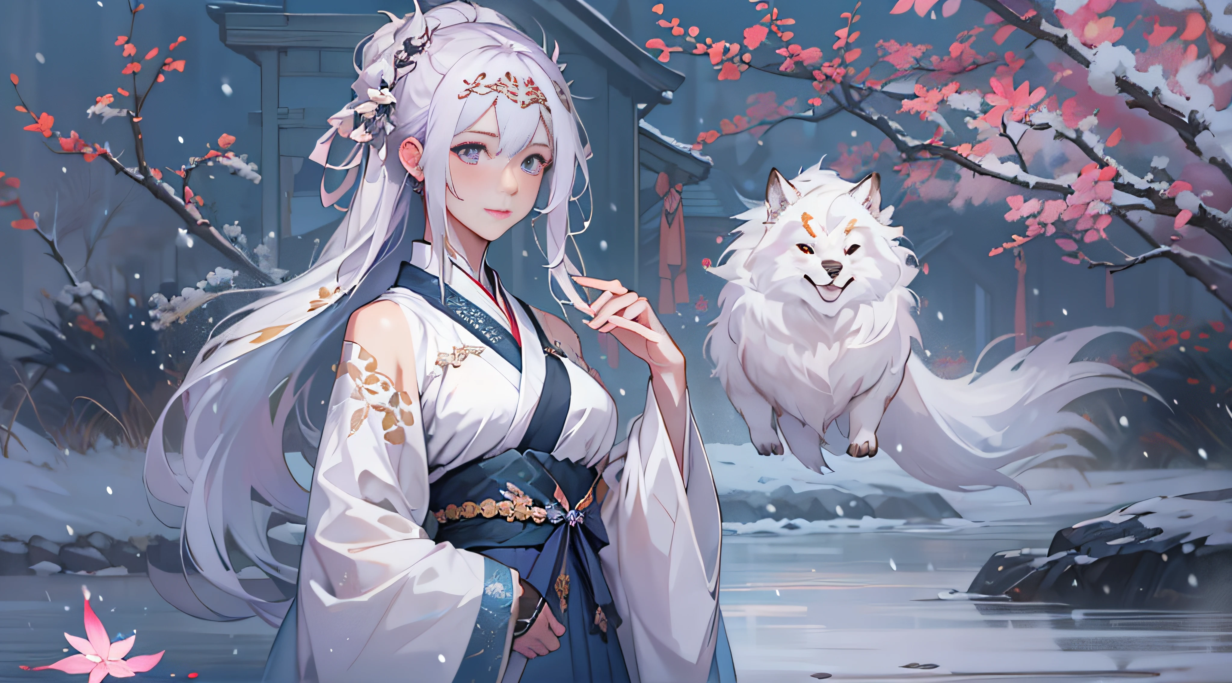 One of them  wearing purple clothes，long, Flowing white hair、Alpha image of a woman with beautiful hairstyle，palaces，A girl in Hanfu，Very popular on cgstation，Guviz-style artwork，Guwitz，Inspired by Du Qiong，Inspired by Ma Yuanyu，8K）），Cold winter，winter solstice，Wear thick clothing，There  a fur collar，nevando，Winter view，beautiful snowy landscape，Oyuki，External，Chilling，The hair was blown up，The face  delicate