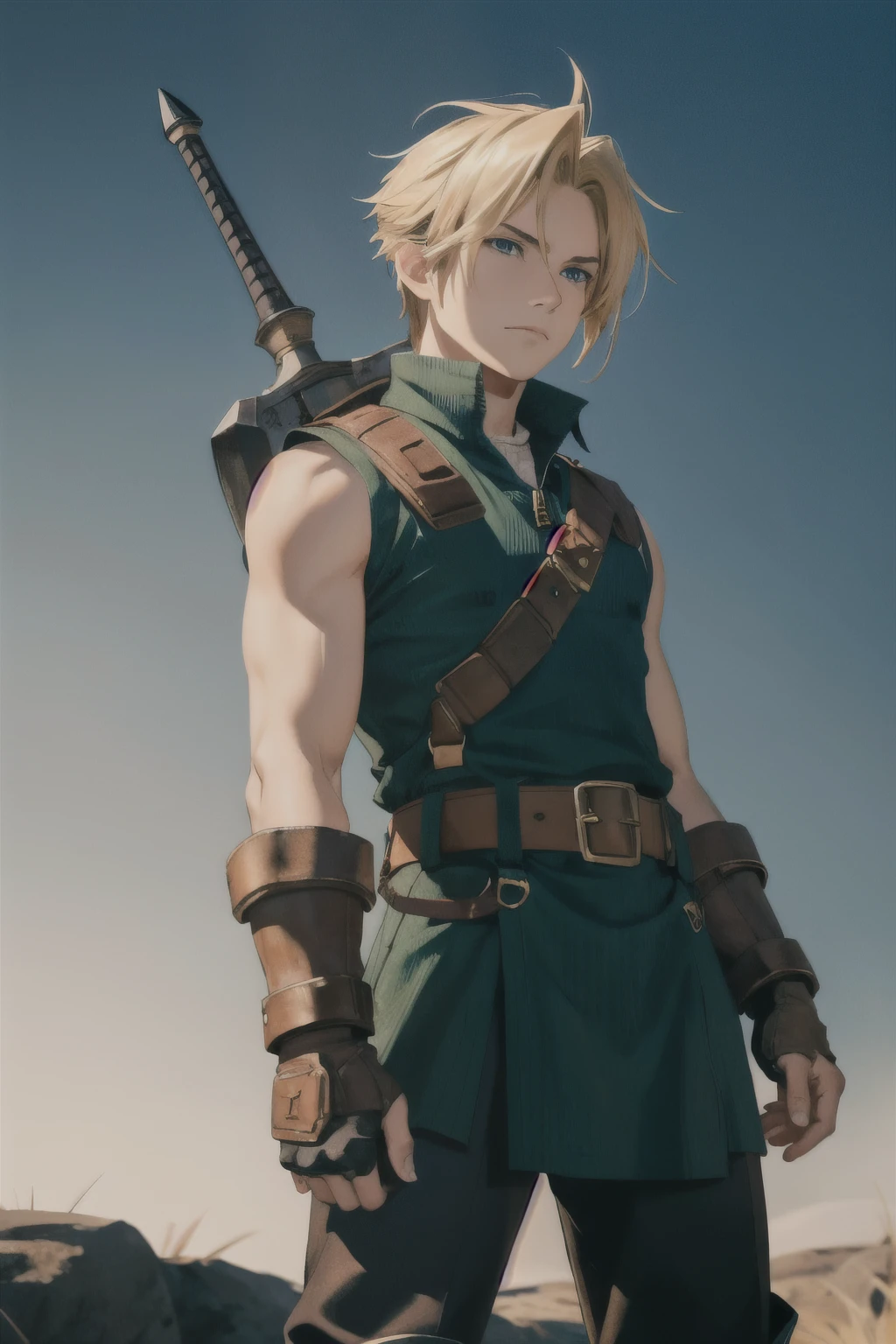 wide full-length shot, action pose, Cole has dirty blonde hair styled with some spikes neat but defiant, His eyes glow blue-green, one eye brighter than the other to show some ancient magic within, He wears a dark green tunic lined with silver plates like an armored SOLDIER uniform, The tunic extends to his knees for ease of movement, Underneath  a black undershirt with one sleeve missing to allow greater shoulder movement, He wears a pauldron on his other shoulder, He wears tough leather gauntlets on both hands and arms, Cole wields a single-edged broadsword reminiscent of the Buster Sword but lighter and engraved with Hylian runes along its fuller, At his waist hangs gadgets like bombs, and a hookshot, His boots appear made for both forest treks and  missions, Cole's personality echoes his heroic determinations tempered by dark burdens, masterpiece, high quality, 4K, cloud strife, shoulder armor, sleeveless turtleneck, suspenders, belt, baggy pants, gloves, bracer, boots, ootLink, hat, green tunic, belt, fingerless gloves, boots