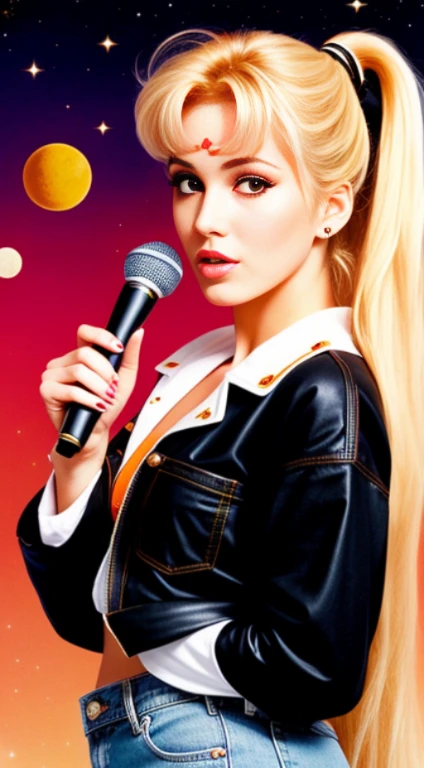 "(Mature and realistic portrayal:1.2) Sailor Moon exuding confidence as she holds a microphone, her blonde hair cascading down, adorned in stylish black  orange denim clothes from the 2000s, with a backdrop filled with donuts."