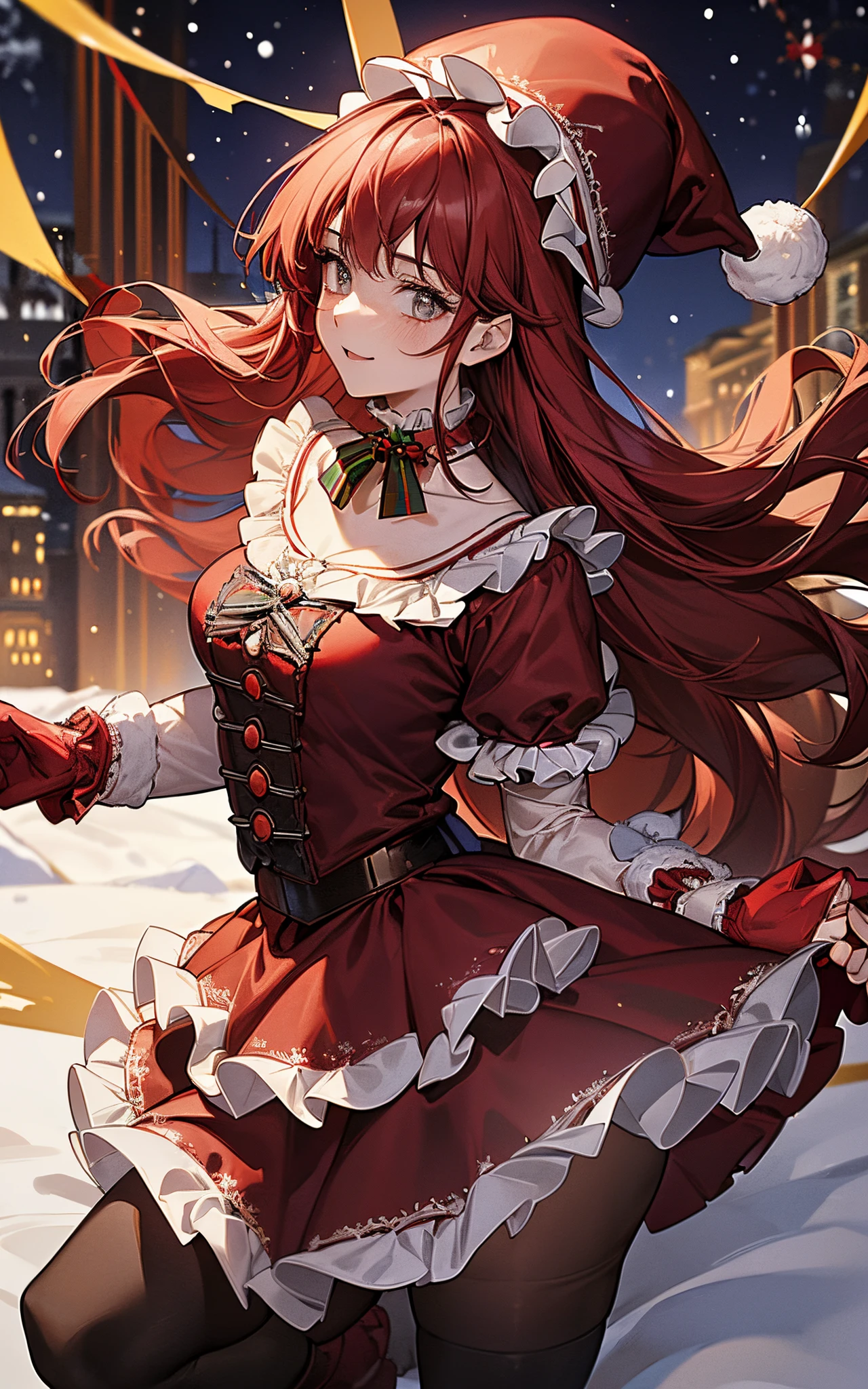 Red-haired、Clothes are red、Perfect human body、christmas night、(((He wore a Santa suit decorated with lots of frills.、victorian santa outfit)))、a beautiful woman、dancing in the snowy city、long skirt、hair adornments、kirakira、tights、Crowds、large hat