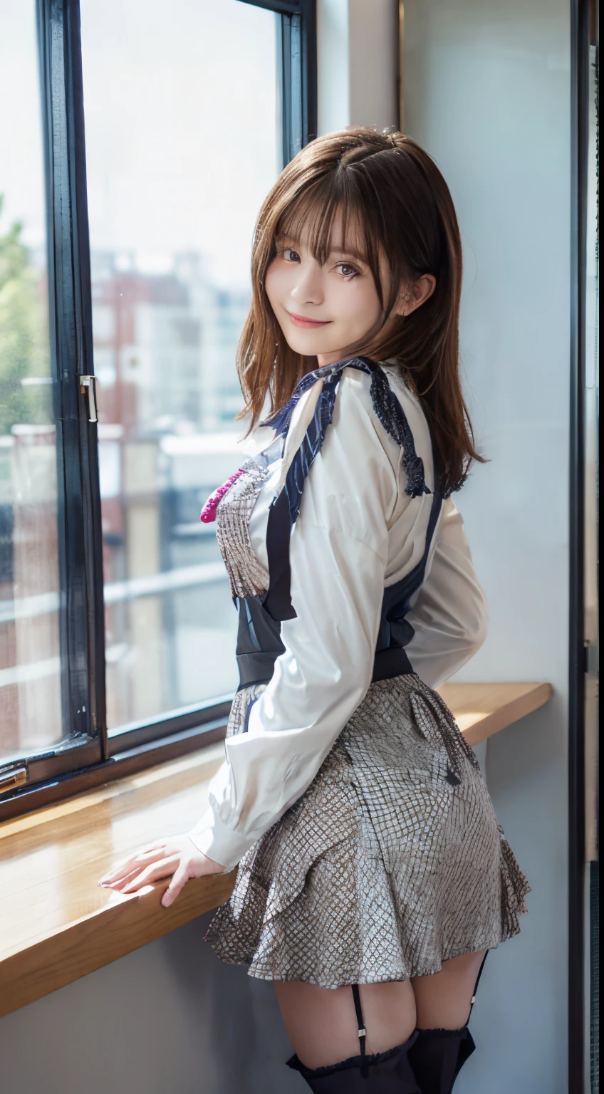 top-quality,ultra - detailed,tmasterpiece,hentail realism,Photorare,Bright lighting,1 girl in, Camera color temperature 3800k、an extremely beautiful , (kawaii:1.6),Thin smile, (Brown eyes),(dark brown hair),(By bangs),perfect glossy shiny skins,flawless skin,((erotick,Sexy and sexually explicit)),((Exact pointers,No discomfort)), large full breasts,big breasts thin waist, looking at viewert,((Black long sleeve maid outfit)),((white apron with lace and frills)),(Ribbon Ties),((tuck fabric mini skirt)),(((Neat and clean clothing))),(lean against the window),lace and black panties,abnormally large breasts,((Stand with your feet together)), (Black socks),(Loafer shoes), In the daytime,Station platform、stand through the window、Chest being touched from behind