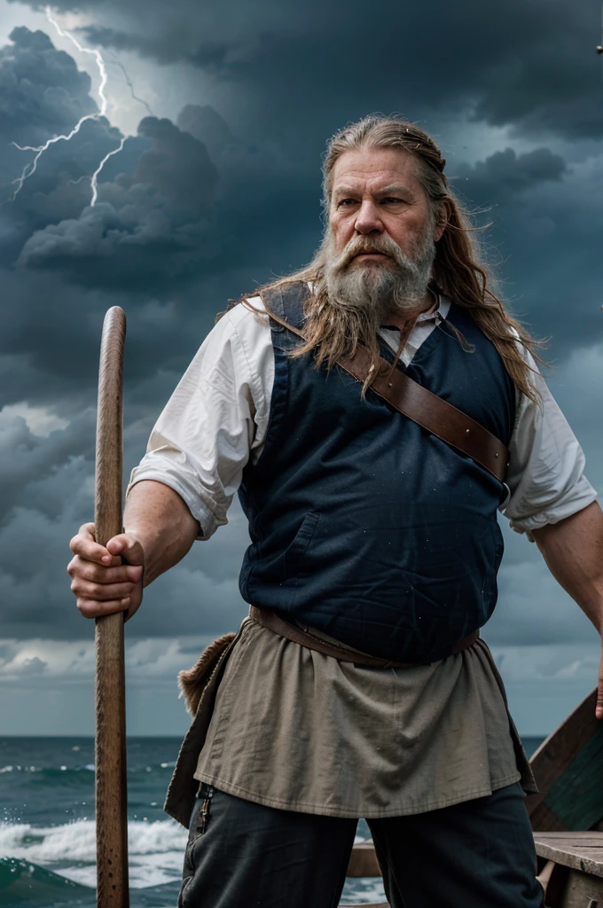Create an image of an old fully clothed viking holding the rudder oar of his ship.  The wind is fierce and there is a storm with lightning flashes in the sky.  He has a determined look on his face.  He has a white beard that is flowing in the wind.