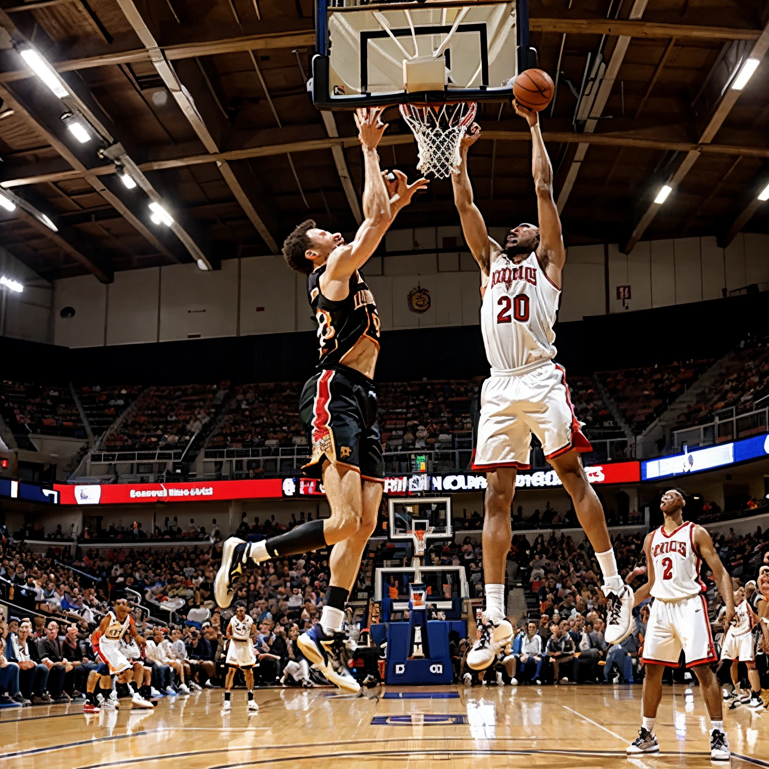 Medieval warriors dunking over medieval kings in a basketball game