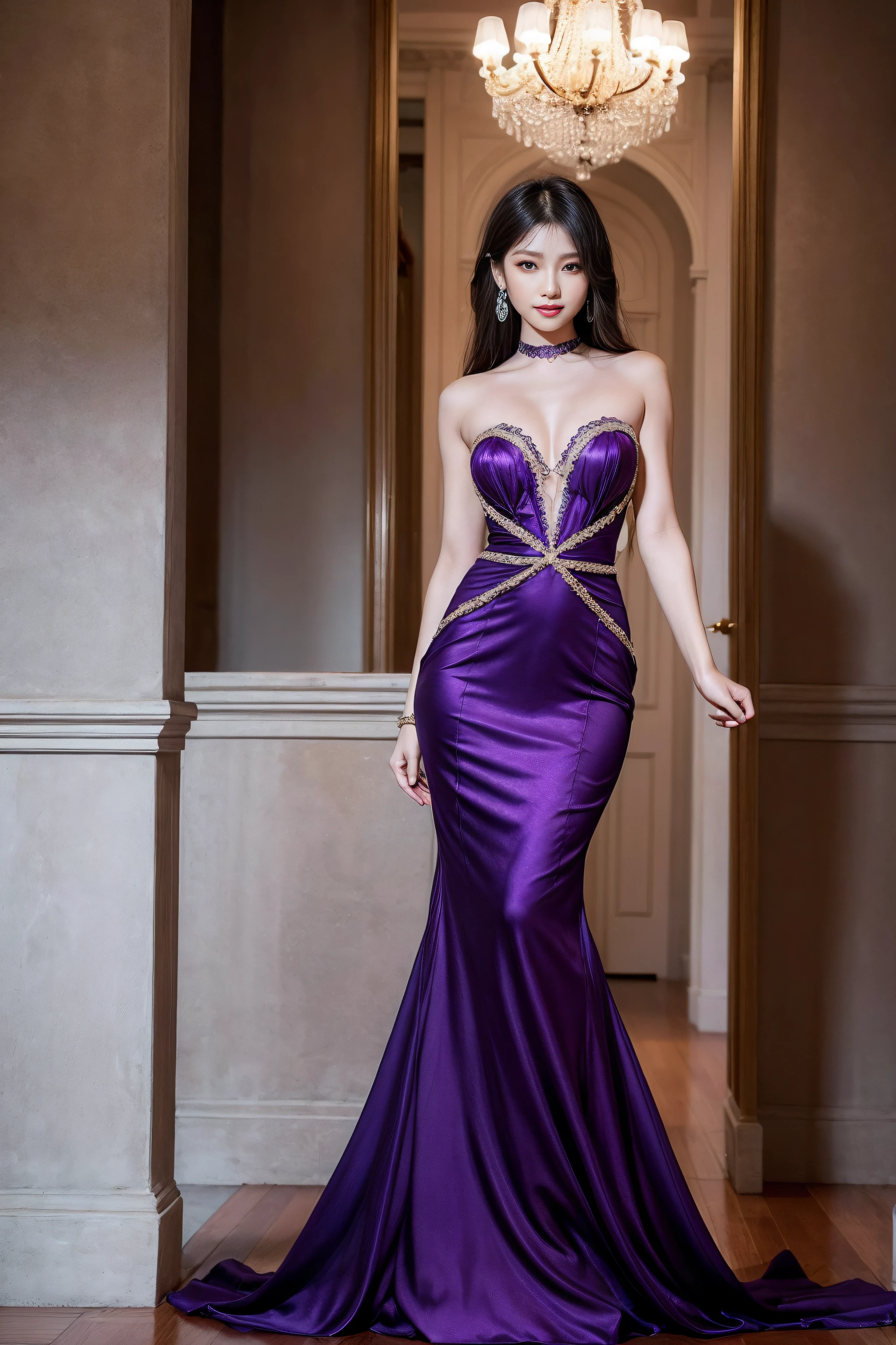 A very beautiful Asian girl,I am,Mature girl,In a luxuriously decorated place,Gorgeous venue,Dark purple dress,Slightly transparent silk fishtail skirt,strapless backless dress,shining dress,Black suspenders,Black and red high heelquisite and beautiful workmanship:1.2)Supermodel figure,supermodel height,A very beautiful girl,Perfect body example,Tight body shape,plumw,Perfect body curves,dermal,Skin texture  clear and delicate(Advanced skin details:1.1)Korean idol’s perfect face,Perverted smile,Light blonde wavy hair,Clear and fine hair texture(Quality hair details:1.1),exquisite eye makeup,Refined eye detailing,Blue pupil(Advanced eye detail:1.1)Best example of four fingers and a thumb,Wear earrings,choker necklace,bangle,Dark purple series,Fishtail dress series,strapless backless dress,of photography,BestWorks,Best quality,Super refined,extremely high resolution,Full-body photography