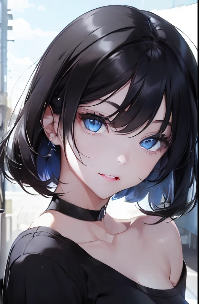 (masterpiece), best quality, perfect face, looking at viewer, (black hair, side bangs), expressive pale blue eyes:0.7, (depth perception:0.7), ((torso)), ((centered)), glowing eyes, ((seductive eyes)), feminine, smile, close-up