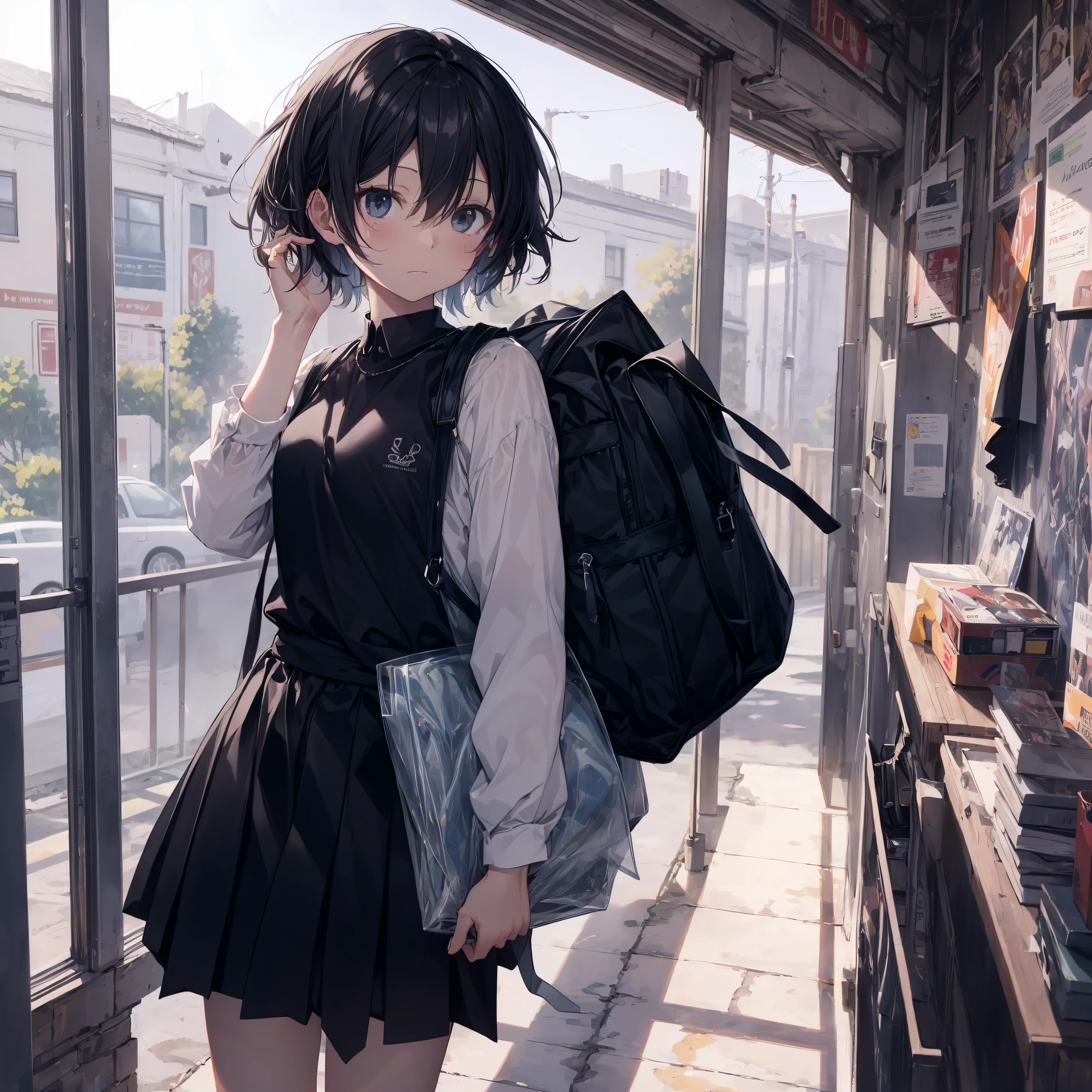 best god quality, Ultra-detailed, anime moe art style,Best Anime 8K Konachan Wallpapers,Pixiv Contest Winner,Perfect Anatomy, (Draw a girl sleepily walking to school. ),BREAK, 1girl is a cool beautiful girl, (Solo,Lori,child,13years:1.3),a junior high school student, Androgynous attraction, (Center part very short hair),hair messy, Forehead, Full limbs, complete fingers,flat chest, Small butt, groin, Small eyes,Beautiful detailed black eyes,Well-proportioned iris and pupils,disgusted eye, School uniform, Skirt,On the way to school. BREAK,High resolution,super detailed skin, Best lighting by professional AI, 8K Illustration,