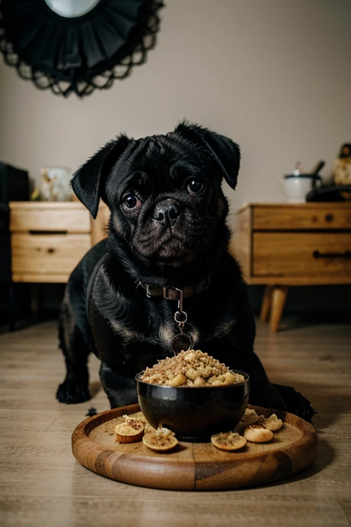 black pug dog, captivating,((eat food,(folk,))