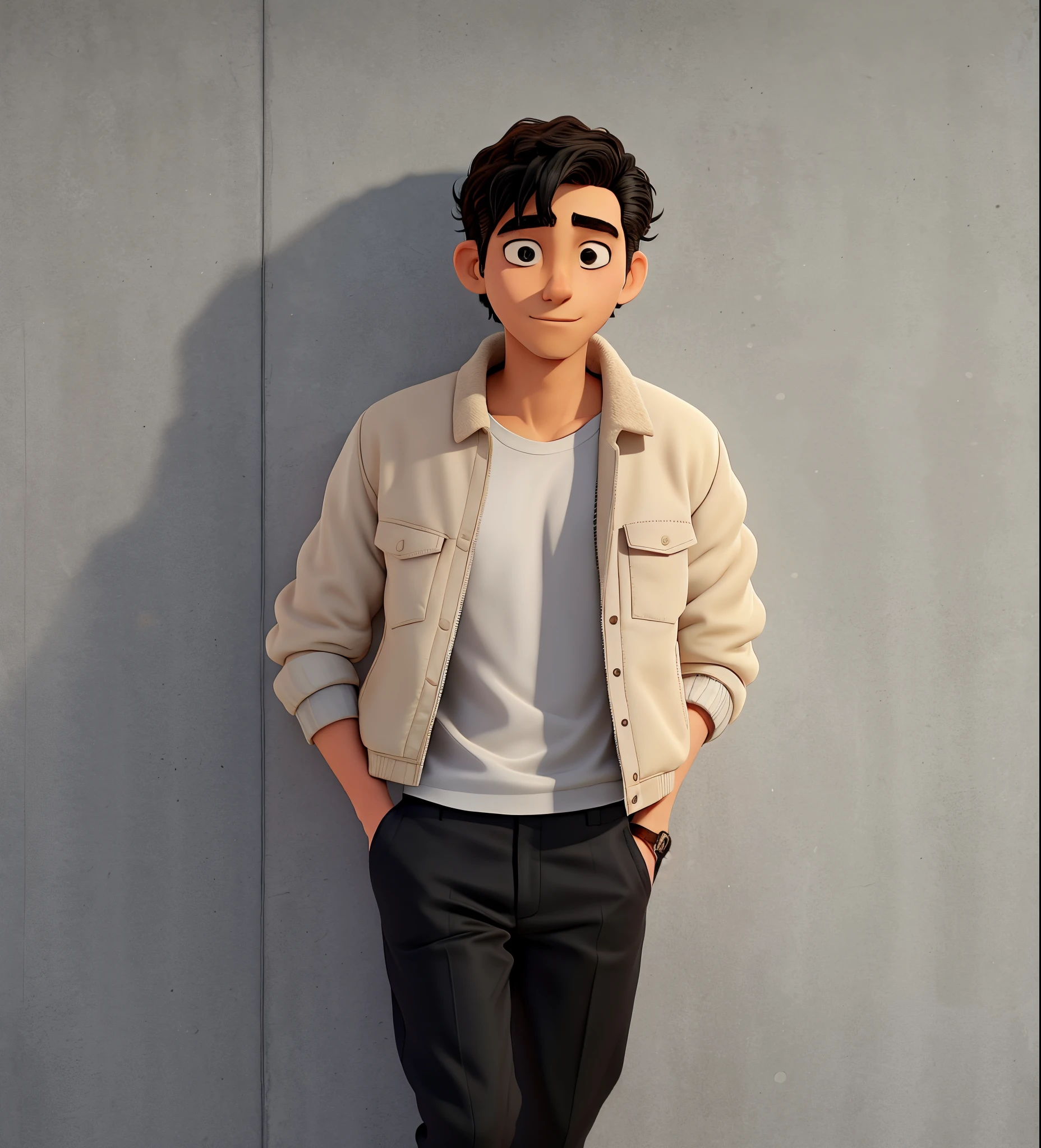 arafed man in a white shirt and black pants leaning against a wall, wear's beige shirt, cropped shirt with jacket, pastel', complex!!, basic, in style of kentaro miura, streetwear, uniform off - white sky, short jacket, wearing off - white style, sunny weather, kentaro miura style, casual streetwear
