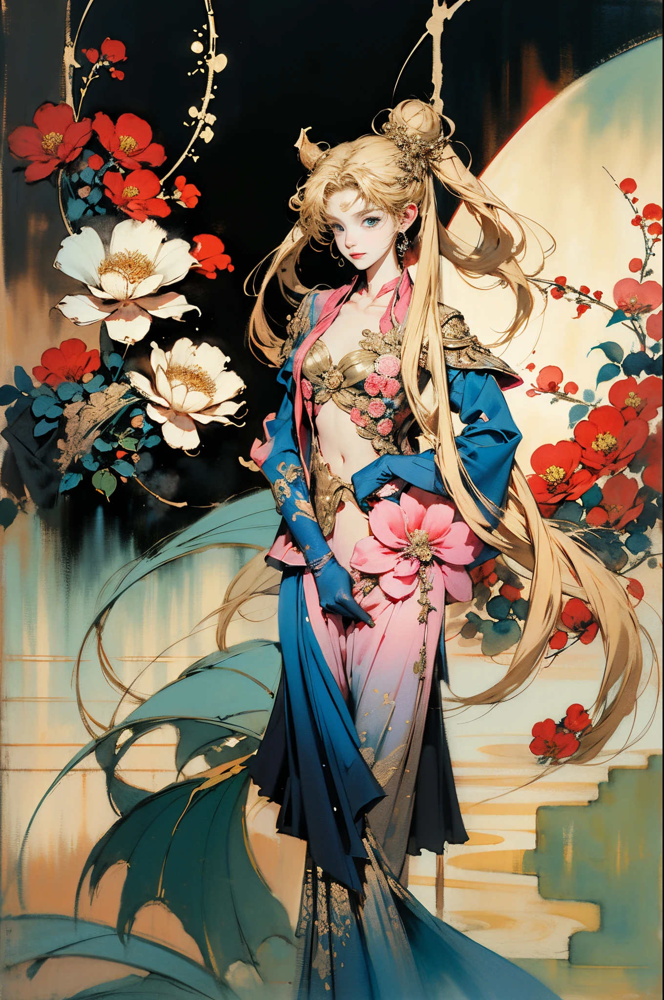 Repaint the background with colorake the picture form an inverted composition,Highlight the characters in the picture,No outline of character form,