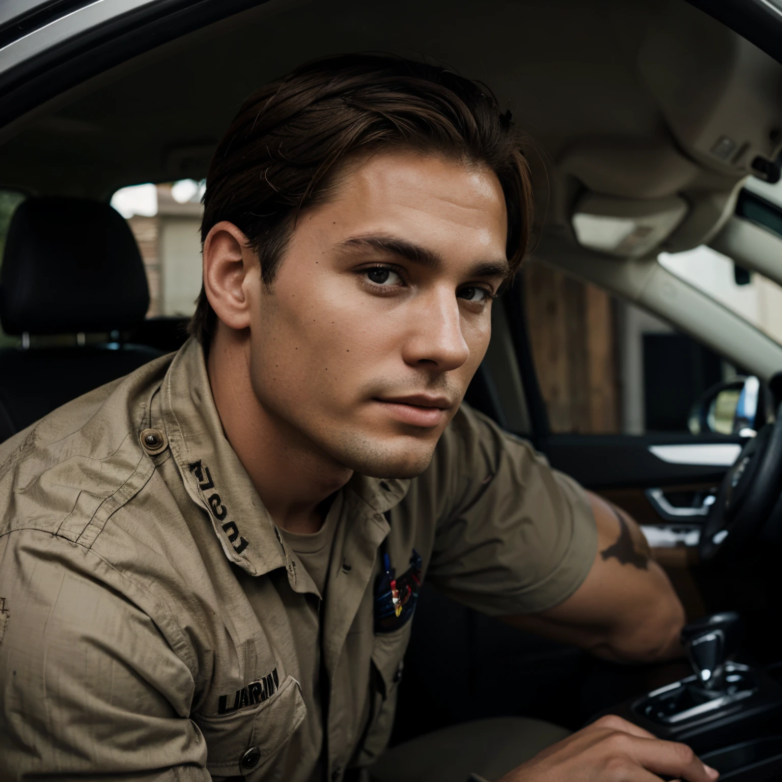 Marine corps, car detailing, man with brown hair, high quality