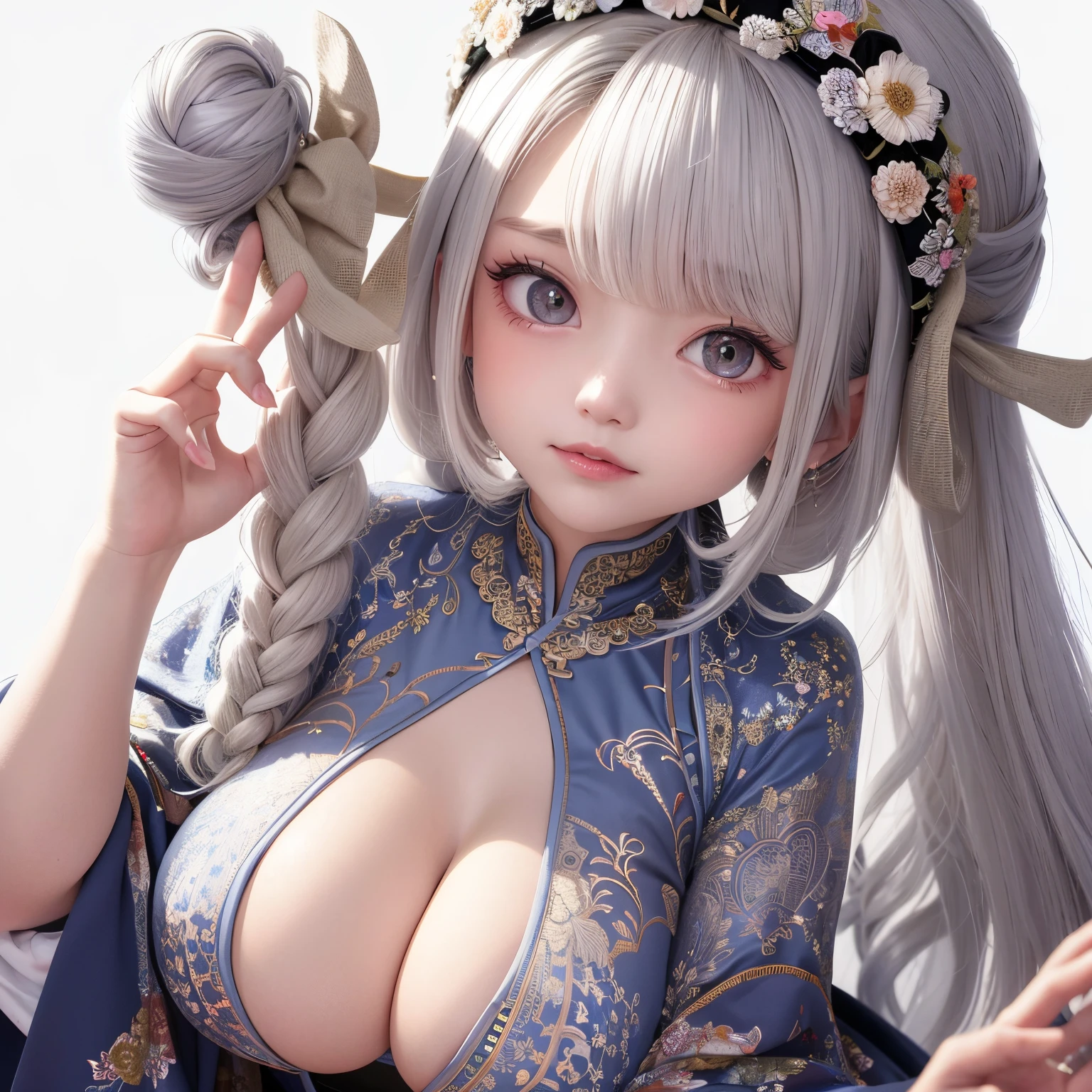The upper part of the body、one girls、i have silver hair color、Two-tone、Bun hair、Curly/floral headband、very Bigger breasts、chinese clothes、off shoulders、Angle looking down from above,