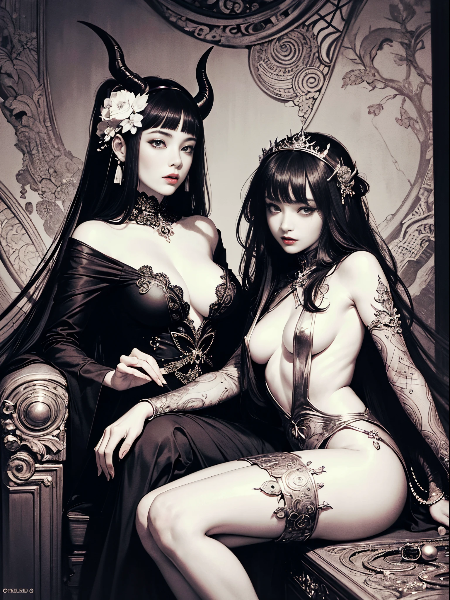 Nsfw,monochrome,bw,Nsfw,Naked,A nude devil woman with a black and white body stocking dress holding a red lipstick,Satan,succubus,blue Eyes,detailed patterns of clothes,erotic posing,sitting,spread legs,pussy,anal,busty,detailed Gothic background,darkness fantasy background,inspired by Robert McGinnis, inspired by Grete Stern, style of Takato Yamamoto, Guido Crepax, Guido Crepax-style, Amano, Vania Zouravliov, inspired by Leonor Fini, Nagao Shusei, inspired by Yamamoto Takato.inspired by klimt and mucha.
Tags: beautiful detailed eyes, beautiful detailed lips, extremely detailed eyes and face, long eyelashes, (best quality:1.2), ultra-detailed, (realistic:1.37), oil painting, color contrast, high resolution, black and white dress, red lipstick, Robert McGinnis-inspired, Grete Stern-inspired, Takato Yamamoto style, Guido Crepax style, Amano-inspired, Vania Zouravliov-inspired, Leonor Fini-inspired, Nagao Shusei-inspired, Yamamoto Takato-inspired, vivid colors, dramatic lighting, striking composition, intriguing atmosphere, feminine elegance.