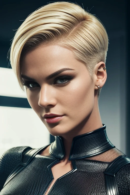 4k highly detailed realistic female supervillain, blonde short undercut bob hairstyle, ((sharp Jawline)), (full body Including Legs), Seduction and fantastic poses