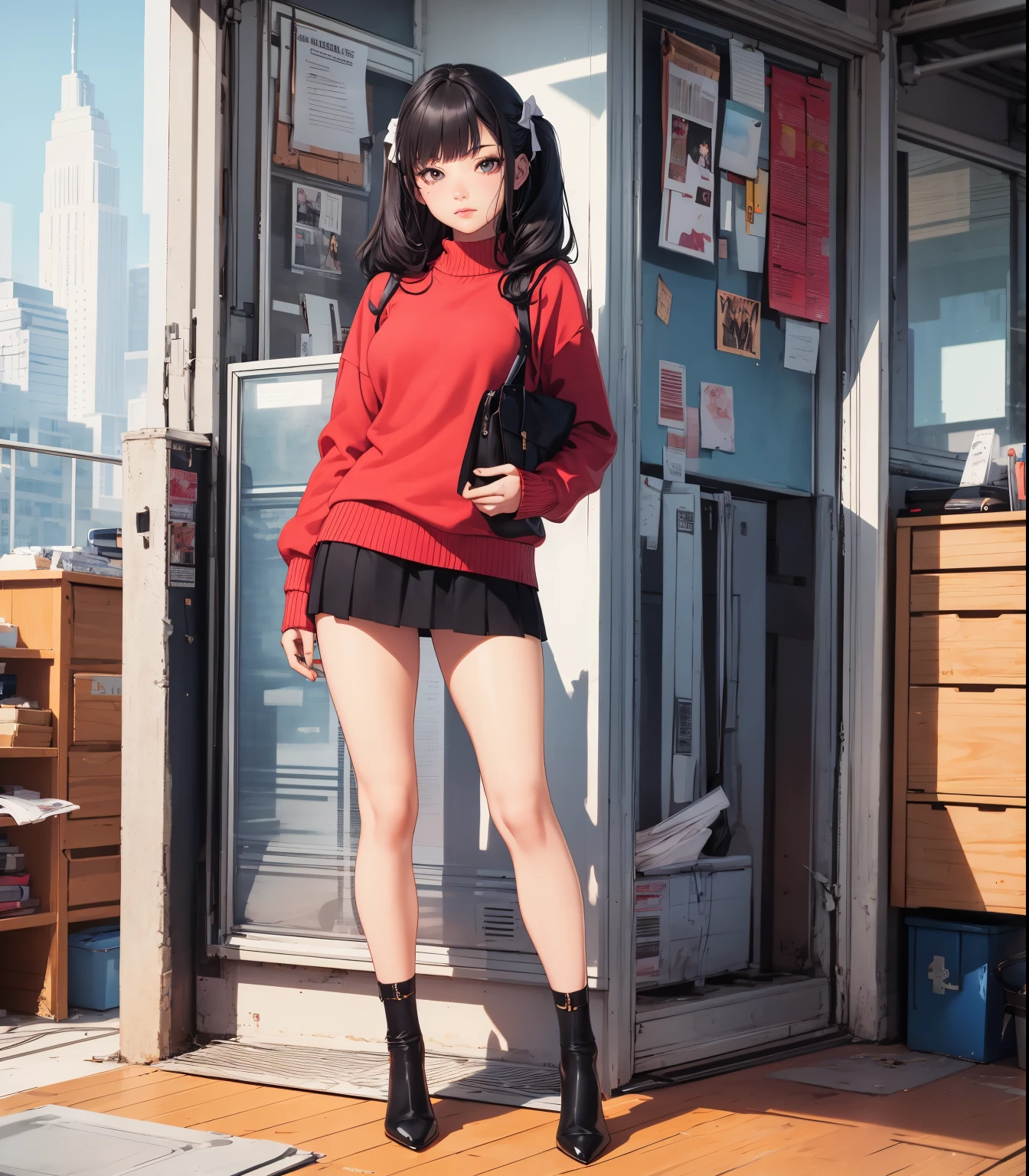 (masterpiece, best quality), beautiful woman, 23 years, soft light, red sweater short skirt, cleveage, long hair, long twintails, hairbows, black hair, alluring, big georgeous eyes, soft smile, perfect slim fit body, black heels, realistic background, empty apartment, standing, realistic background, bright colors, (risograph), full body shot, fullbody, medium breasts, solo, cleveage, sexy
