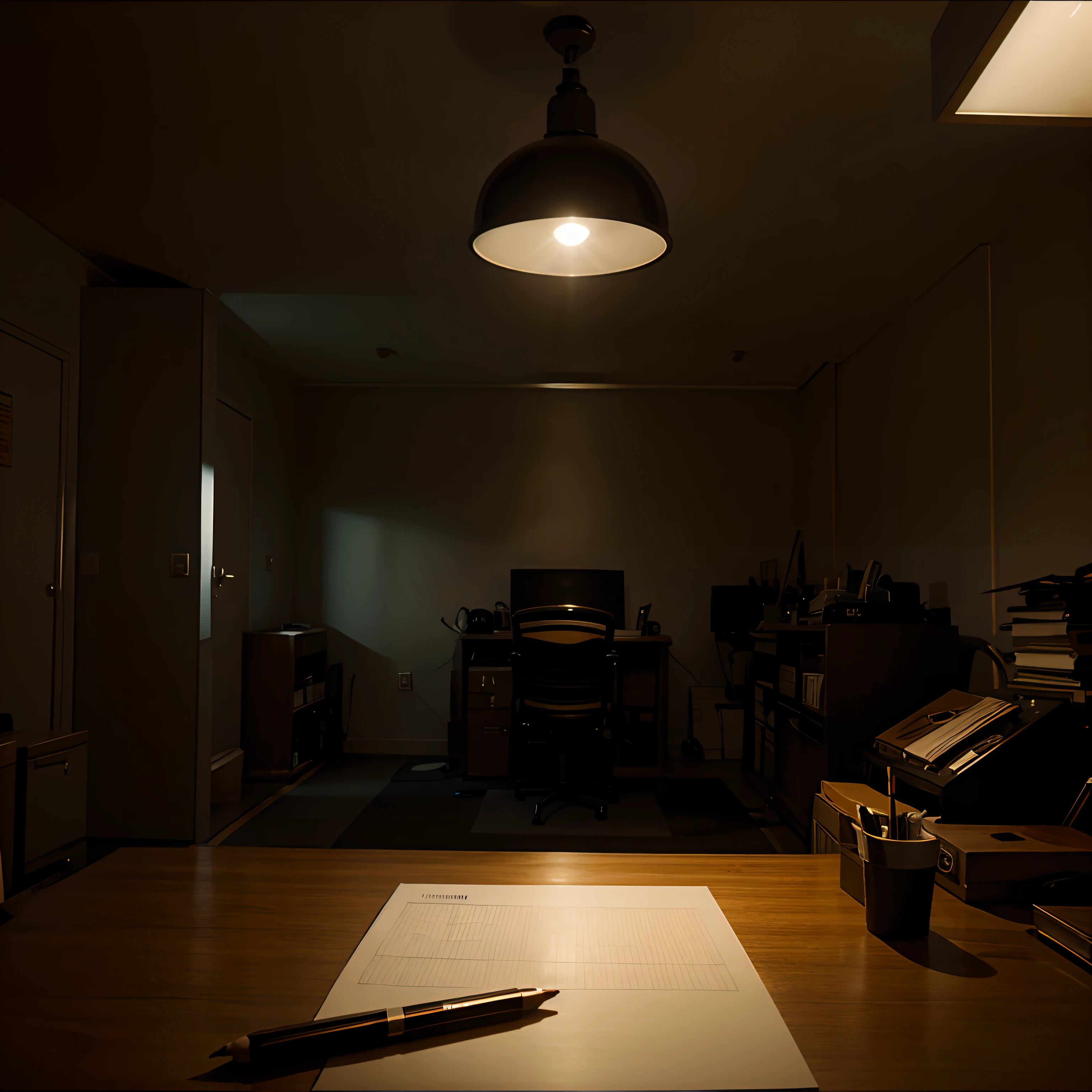 Drawing of detective office, cinematic lighting