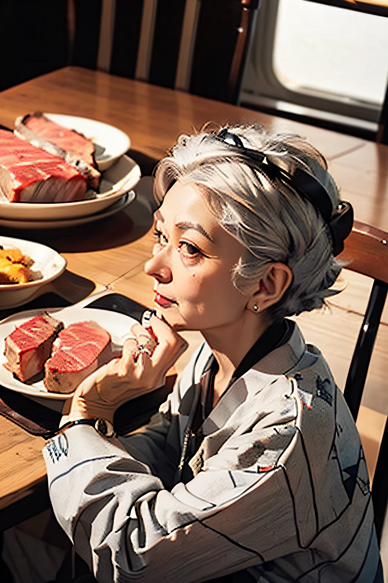 Silver-haired old lady，Introduction to the old lady，hands on plaeak on the plate