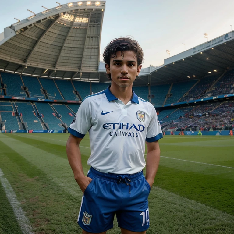 menino, cabelo liso loiro escuro, pelo muito curto, pelo curto, Men's uniform of the Manchester City football team, camisa do  Manchester City,  shorts, epic scenery, Packed stadium, Torcida, melhor qualidade, best resolution , Estilo anime , obra prima , olhar fixo, corpo inteiro, Funtebol Stadium in the background, World Cup Scenario, Brasil, Child in love with football, chutando a bola no gol, fazendo gol.
