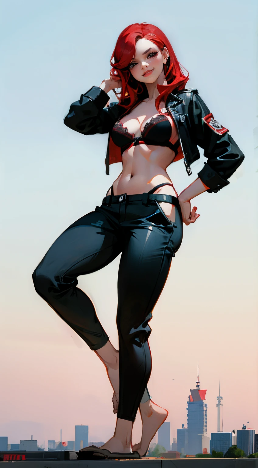 Woman with red hair, black jacket, bra, navel, bright red hair, black eyes, black pants, full body, nose ring, smirking, towering over city, giantesrom below)), realistic face