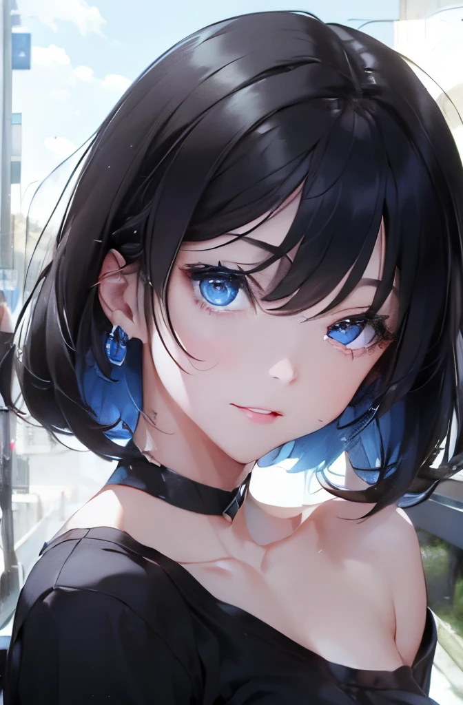 (masterpiece), best quality, perfect face, looking at viewer, (black hair, side bangs), expressive pale blue eyes:0.7, (depth perception:0.7), ((torso)), ((centered)), glowing eyes, ((seductive eyes)), feminine, smile, close-up