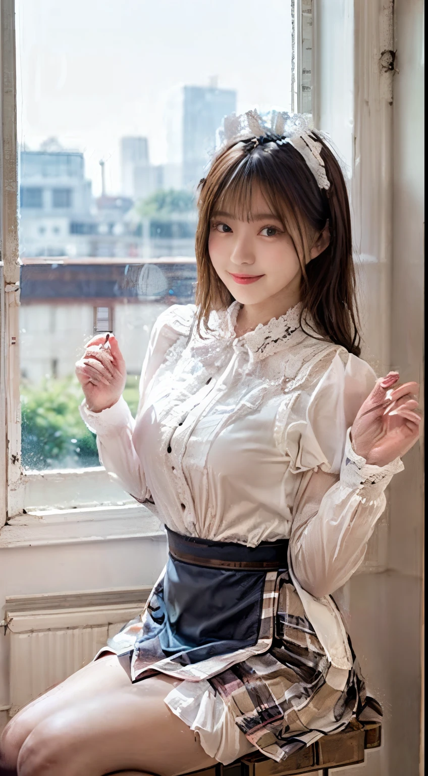 top-quality,ultra - detailed,tmasterpiece,hentail realism,Photorare,Bright lighting,1 girl in, Camera color temperature 3800k、an extremely beautiful ****************, (kawaii:1.6),Thin smile, (Brown eyes),(dark brown hair),(By bangs),perfect glossy shiny skins,flawless skin,((erotick,Sexy and sexually explicit)),((Exact pointers，No discomfort)), large full breasts,big breasts thin waist, looking at viewert,((Long sleeve maid clothes)),((white apron with lace and frills)),(Ribbon Ties),((tuck fabric mini skirt)),(((Neat and clean clothing))),(Leaning against the window),lace and black panties,abnormally large breasts,((Stand with your feet together)), （Black socks),(Loafer shoes), In the daytime,Station platform、stand through the window、Chest being touched from behind