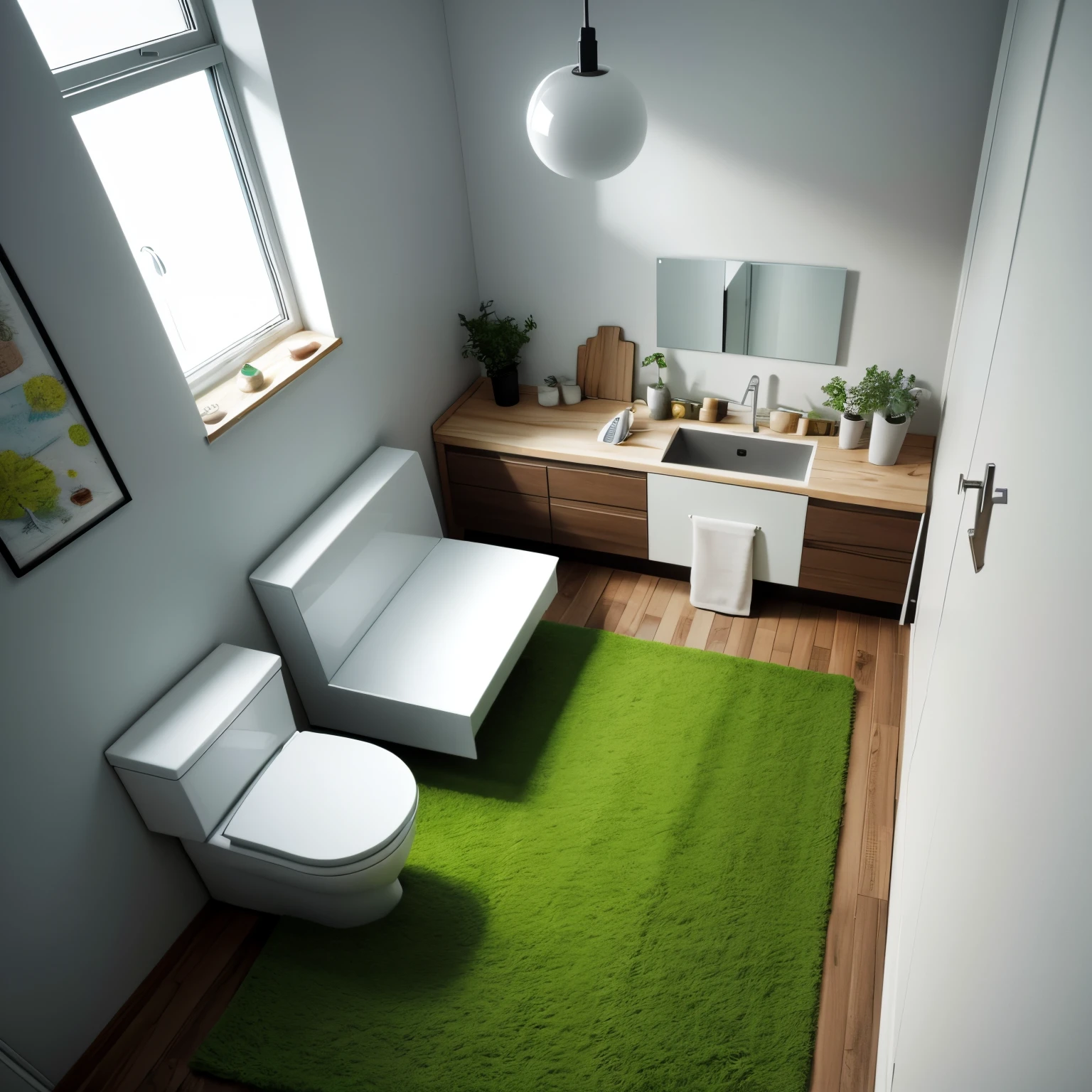 from above, simple cell-like room, minimalism, bed, kitchen, bath, toilet, indoor vegetable garden