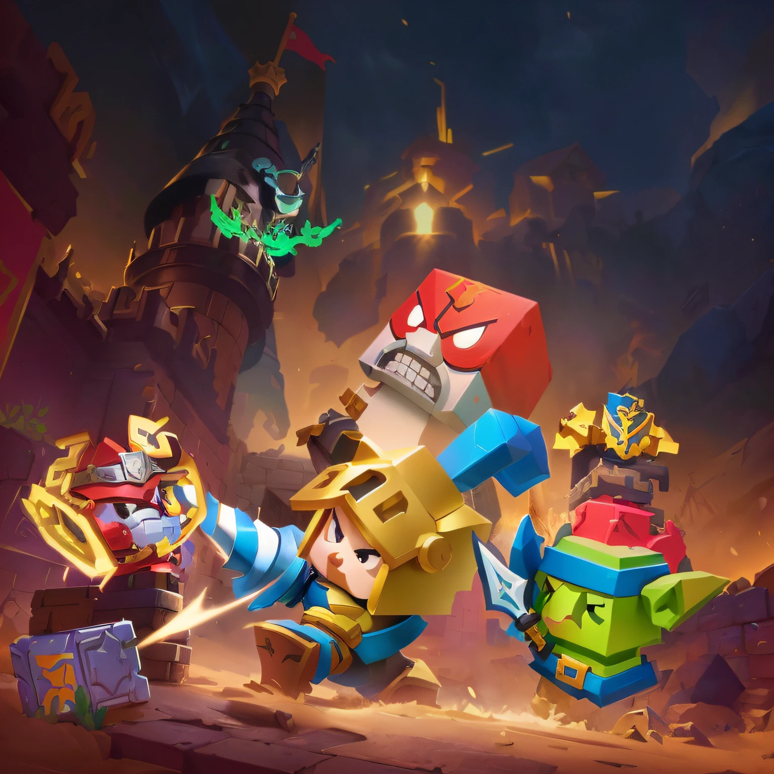 Close-up of figure holding sword and knight, splash art brawlstars, artistically, Box art, Official splash art, Propaganda art, Official artwork, key art, background artwork, Game illustration, clash royal style characters, Propaganda art, game promotional poster, Background with, Very detailed official artwork, art for the game, Game button art