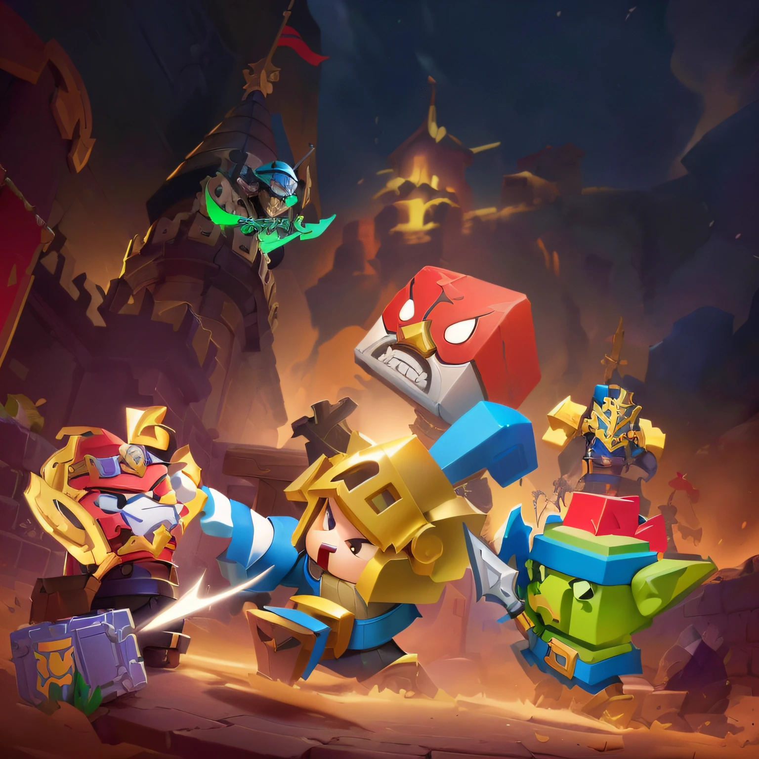 Close-up of figure holding sword and knight, splash art brawlstars, artistically, Box art, Official splash art, Propaganda art, Official artwork, key art, background artwork, Game illustration, clash royal style characters, Propaganda art, game promotional poster, Background with, Very detailed official artwork, art for the game, Game button art