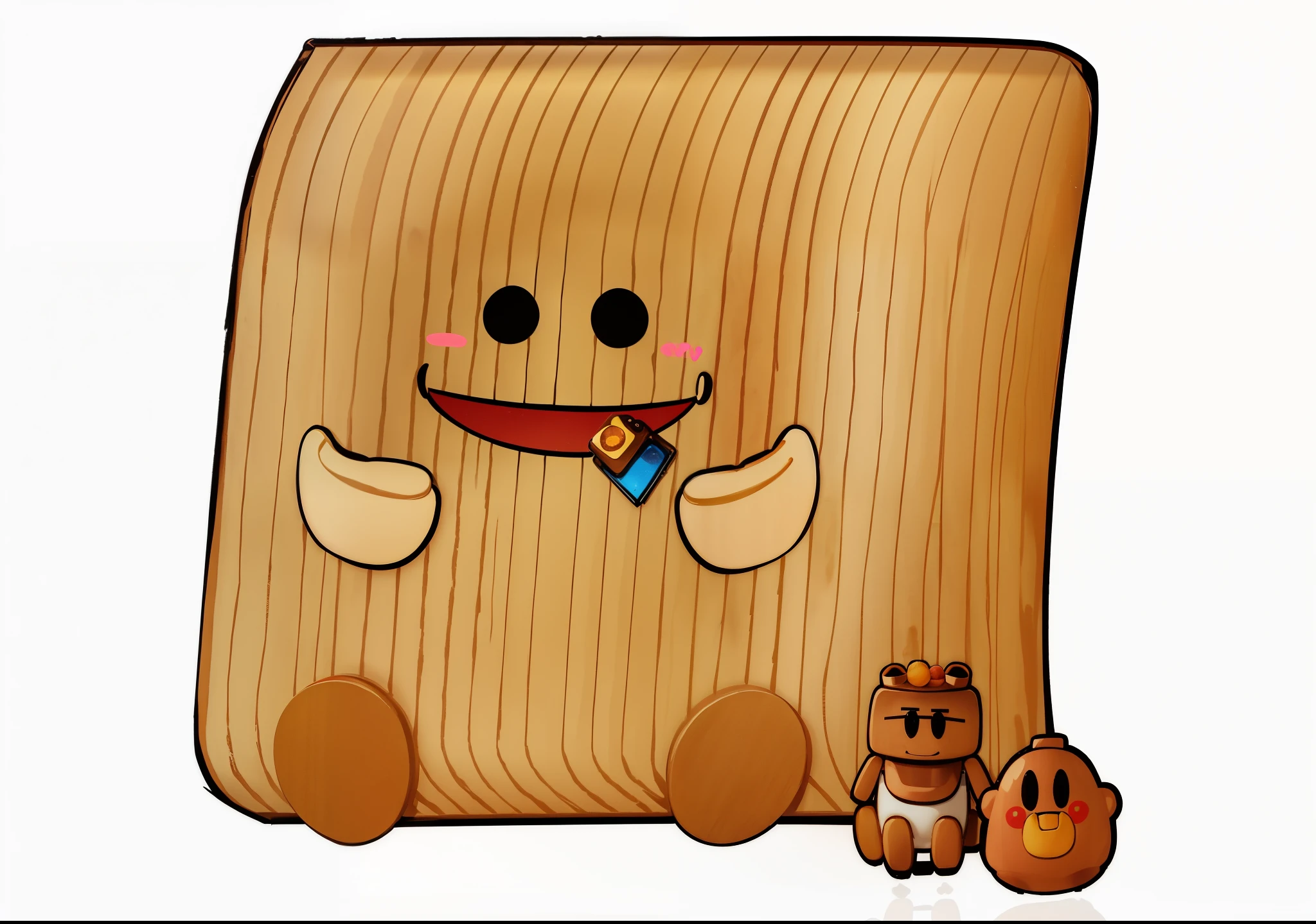 Image of wooden plank and barrel with smiley face, with a wooden stuff, laughing bear musician, Cute robot wooden, an anthropomorphic stomach, Bread type Pokémon, a piece of wood, corduroy, cereal mascot, Worm brown theme, cute character, as anonymous as a sausage, Warm smile, cute big breasts:2, This mascot, barrel chest