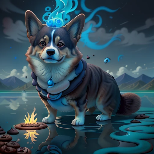 CookiePunkAI A corgi created of darkness, with eyes that glow. the air around it seems ethereal. it stands before a lake made of blue fire. evil