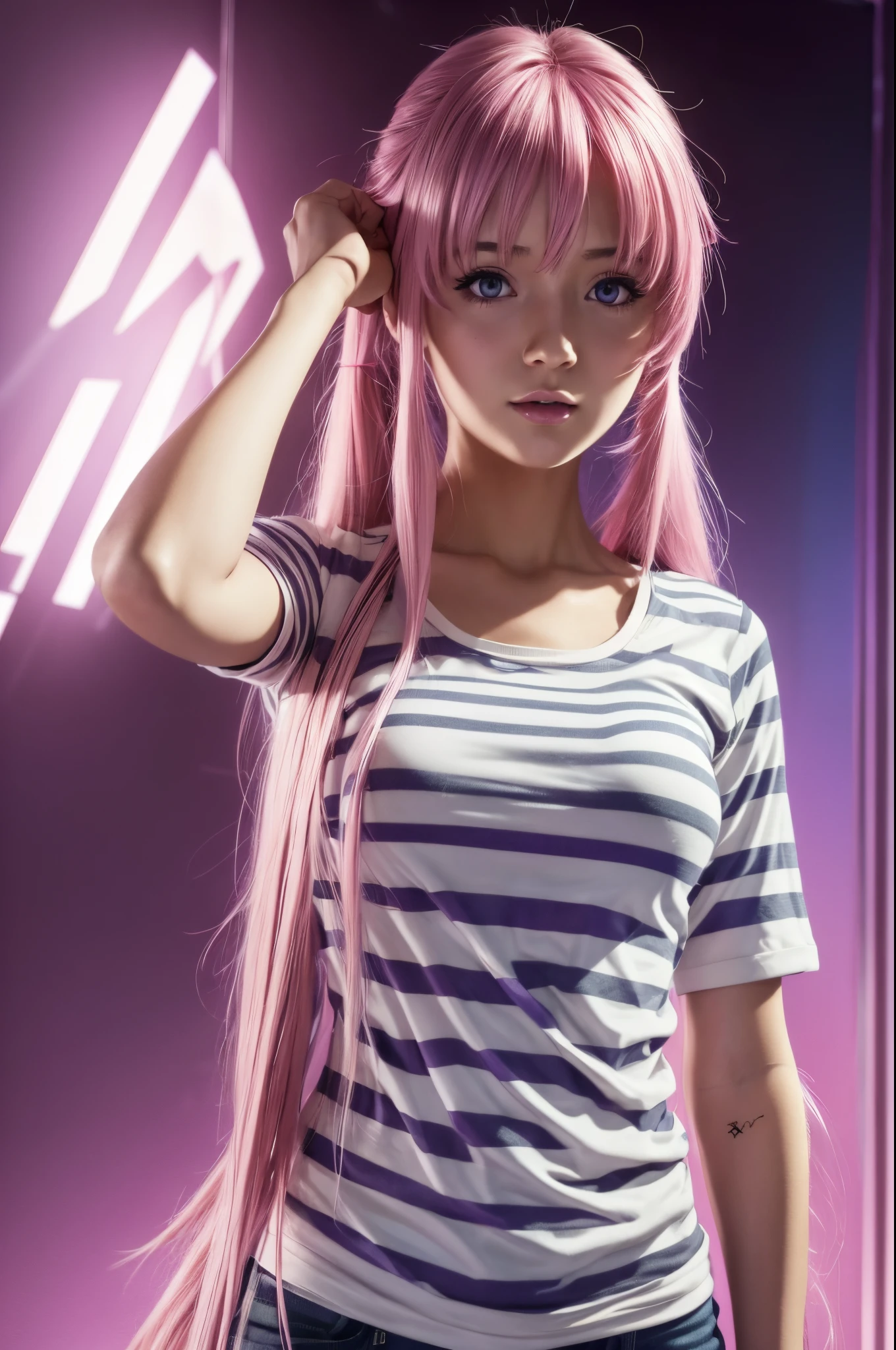 anime girl with pink long hair and purple eyes, wearing striped light green , white t-shirt, Yuno Gasai as a real person, digital anime art!!, [ 4 k digital art ]!!, seductive anime girl, looking at viewer, realistic anime art style, digital anime art, digital anime illustration, anime digital art, hdr, hyper realistic, realistic art