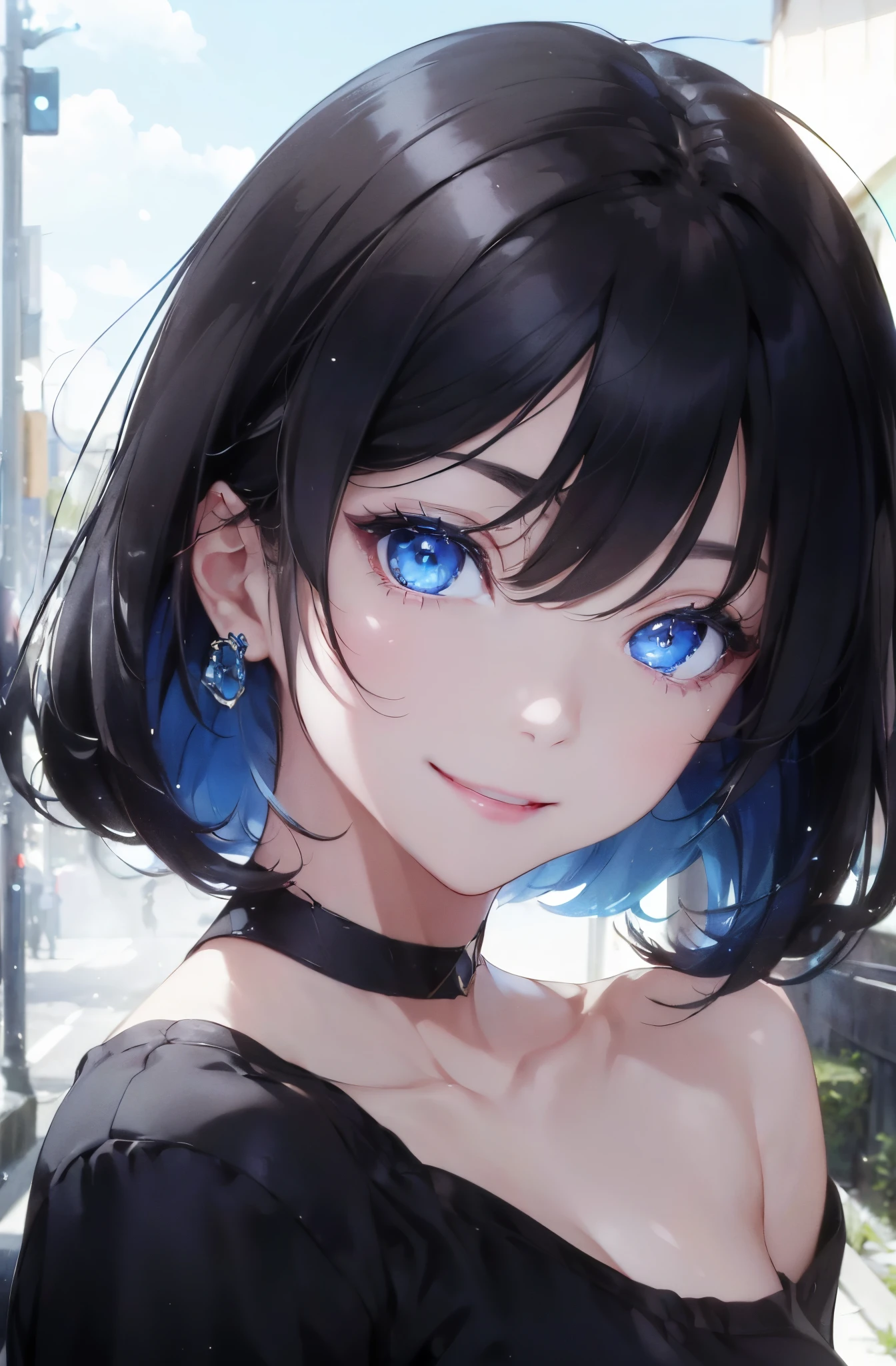 (masterpiece), best quality, perfect face, looking at viewer, (black hair, side bangpressive pale blue eyes:0.7, (depth perception:0.7), ((torso)), ((centered)), glowing eyes, ((seductive eyeeminine, smile, close-up