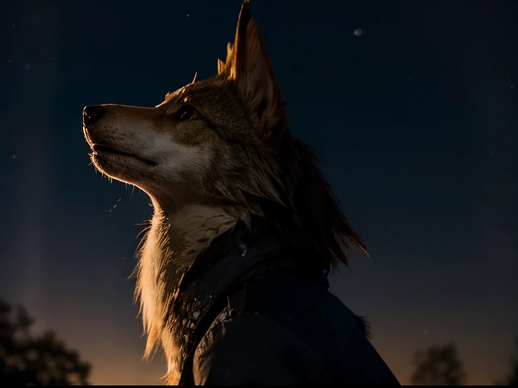 A anthropomorphic sergal looks to a starry sky, wondered by the beauty of it.