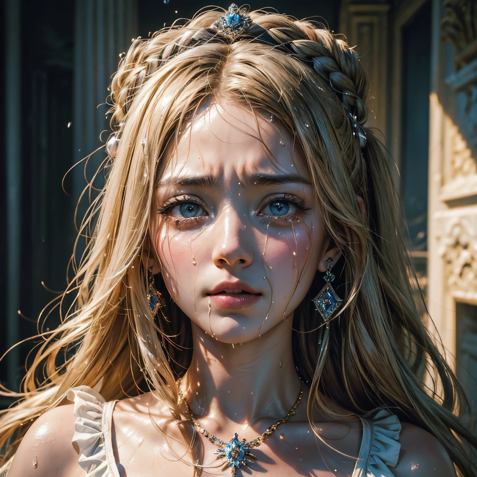 (masterpiece, best_quality, oil_painting of Marie Antoinette during the Baroque period:1.4) marie_antoinette, guillotine:2.5, execution, baroque_style, oil_painting, historical_figure, brownish_colors, sepia_tones, (frightened_expression, crying_tears, sad, depressed:2.5), historical_drama, regal_attire, lavish_dress, powdered_wig, elaborate_hairstyle, intricate_details, intricate_jewelry, lace_collar, ruffled_sleeves, tearful_eyes, pained_expression, dramatic_lighting, somber_mood, historical_tragedy, palace_interior, grand_hall, chandeliers, opulent_decor, ornate_furniture, dark_curtains, gloomy_ambience, historical_portrait, emotion_conveying, realism, historical_significance, highly detailed, authentic, 8k wallpaper