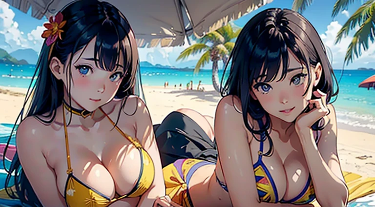 ​masterpiece、top-quality、超A high resolution、 [ 4 k digital art ]!!、 8k high quality detailed art、Wallpaper、 Detailed Digital Anime Art、Realisticity、Cinema Angle、hposing Gravure Idol、(((Two beautiful girls)))、((Lie down and touch your cheek to your partner&#39;s#39;breastsout))、cute  face、 ((Detailed depiction of a beautiful face))、kindly smile、年轻、Bikini swimwear、Photorealistic perfect body、(Bold ethnic patterns wrapped around the waist and skirt and plenty of primary colors)、light Particle、llight rays、Tropical、Against the background of palm trees on both sides、on a sunny beach、Against the background of the sea、blur backgroun、