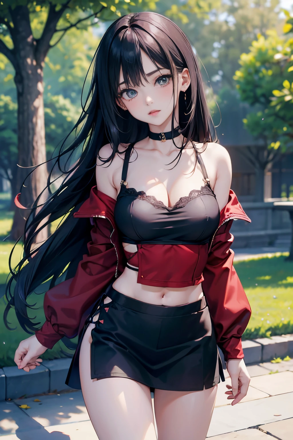 (Masterpiece:1.2, best quality : 1.2, illustration), Gorgeous caucasian woman, (beautiful face), long black hair, (long eyelashes), long thick eyebrows, (sparkling green eyes), ((symmetrical eyes)), (bangs), (bangs over one eye), one eye covered by hair, ((red glossy lips)), red cheeks, pale white skin, (collarbone), (off-shoulder jacket), black bra underneath, visible cleavage, (short mini skirt), long legs, ((visible thigh)), dynamic standing pose, slighly bent forward, looking towards the viewer, (park background), rectangular bushes, dark environment, ((wallpaper)), highres, 4k, 8k, 1080, HD, Intrinsic details, aesthetic outdoors, (blurry background), highly focused, extremely detailed, award-winning, (shadow effect),
