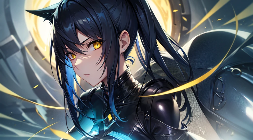 A beautiful woman in a long blue-black leather suit with yellow eyes embraces