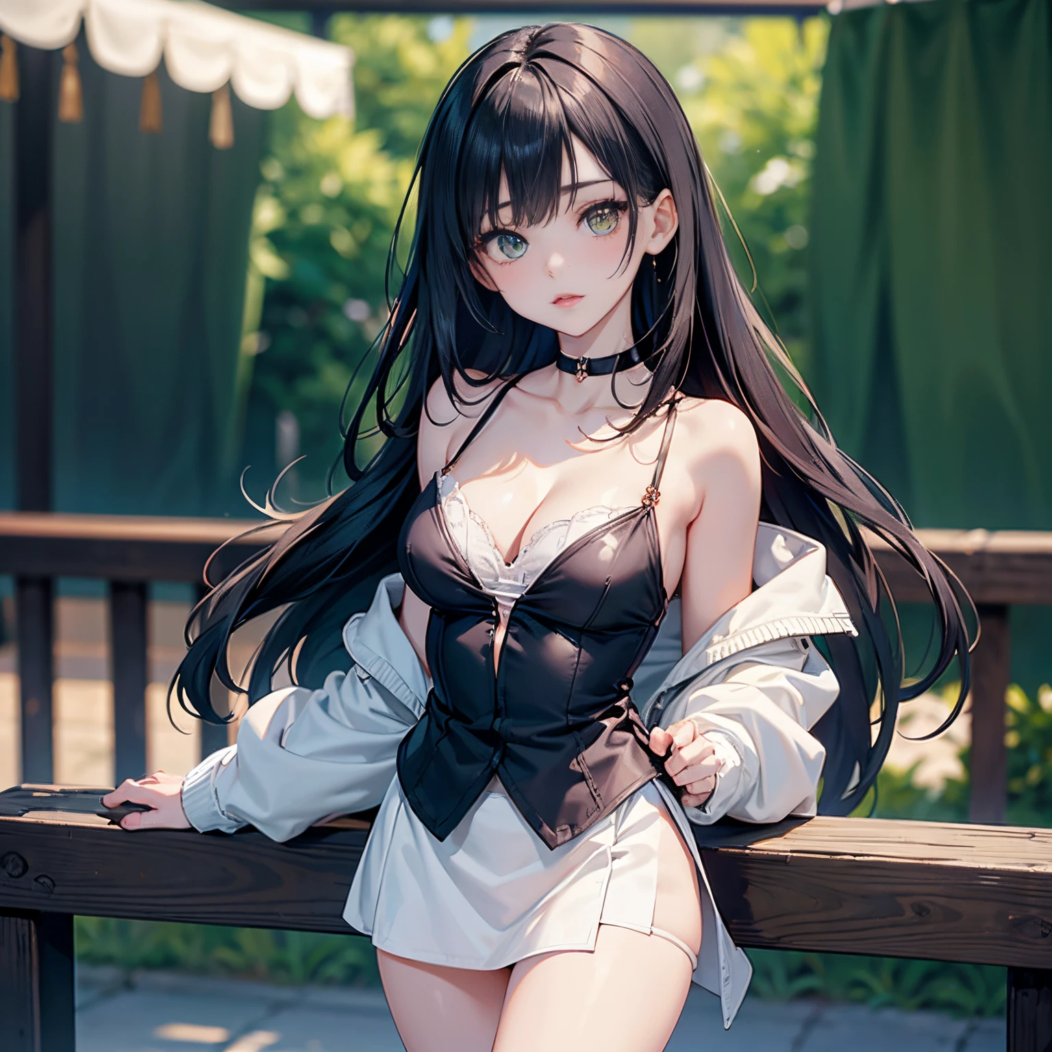 (Masterpiece:1.2, best quality : 1.2, illustration), Gorgeous caucasian woman, (beautiful face), long black hair, (long eyelashes), long thick eyebrows, (sparkling green eyes), (bangs), bangs over one eye, one eye covered by hair, ((red glossy lips)), red cheeks, pale white skin, (collarbone), (off-shoulder jacket), black bra underneath, visible cleavage, (short mini skirt), long legs, ((visible thigh)), dynamic standing pose, slighly bent forward, looking towards the viewer, park background, rectangular bushes, slightly dark environment, ((wallpaper)), highres, 4k, 8k, 1080, HD, Intrinsic details, aesthetic indoors, (blurry background), highly focused, extremely detailed, award-winning, (shadow effect)
