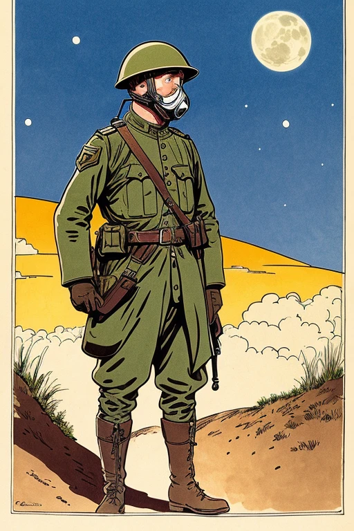 A German soldier from the First World War waiting for the attack in a trench with a gas mask and his rifle ready to attack. All illustrated in a drawing style of Moebius Jean Giraud on a night with a full moon and some clouds. The drawing technique is line and ink with blue and yellow colors.