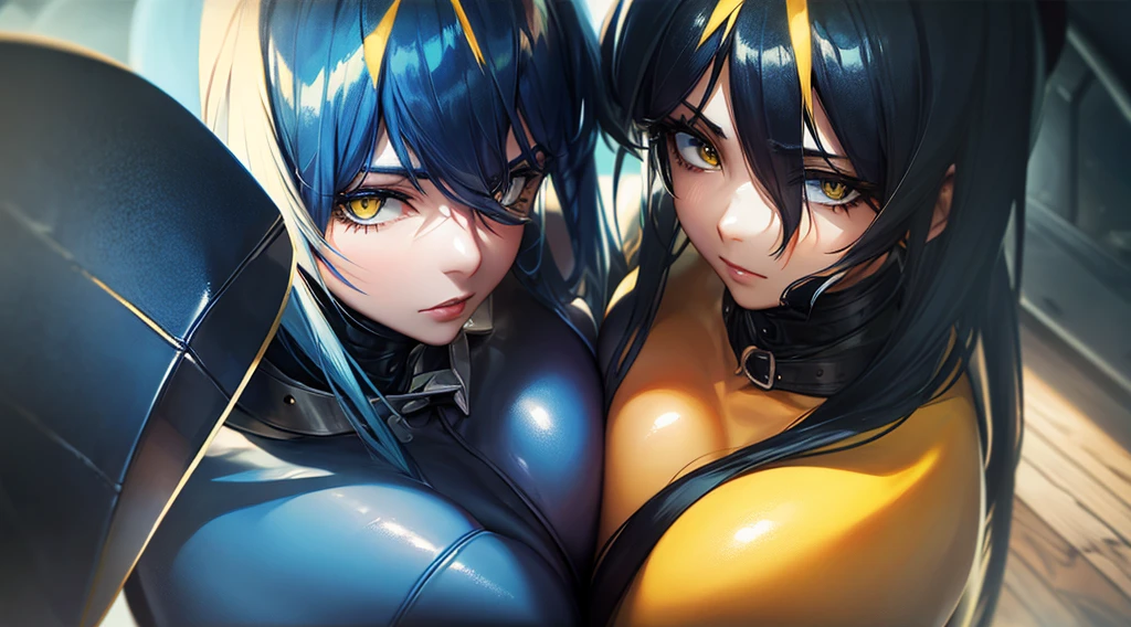 Beautiful women in long blue and black leather suits with yellow eyes hug each other