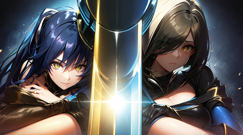 Three beautiful women in long blue and black leather suits with yellow eyes